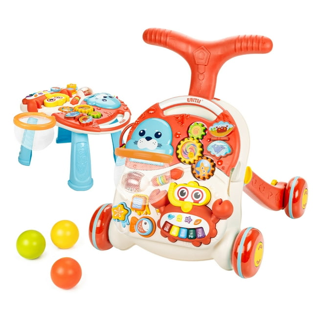 UNIH Toddler Sit to Stand Walking Toys, for 9-18 Months Boys Girls, 2 in 1 Early Education Baby Activity Center, for Infant Boys Girls 9-18 Months, Activity Tableland with A Crab-Shaped Piano UNIH