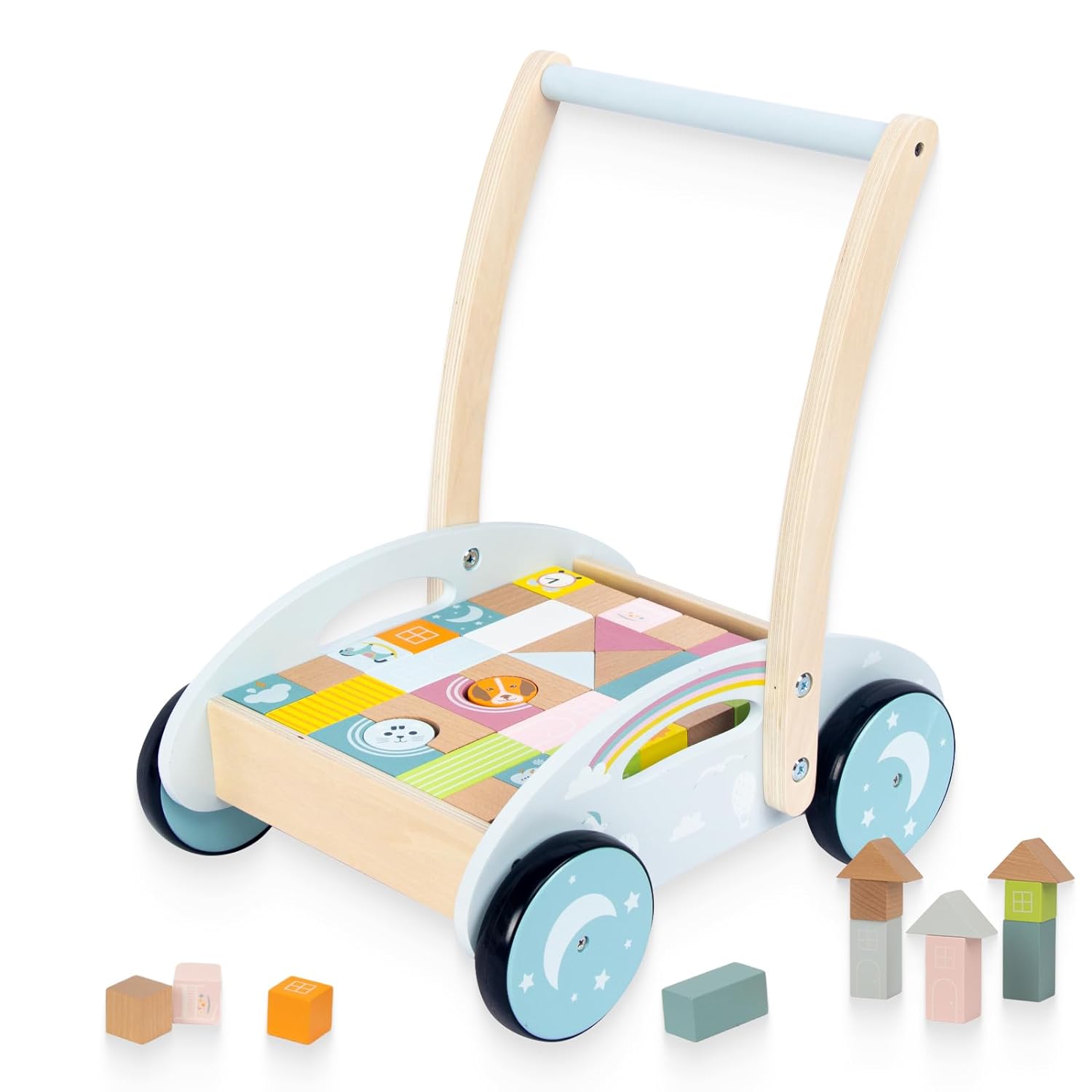 WOODENFUN Wooden Baby Push Walker with 34pcs Building Blocks, Baby Learning Walking Toys, Birthday Gifts for 1 2 3 Year Old Boys Girls Toddlers WOODENFUN