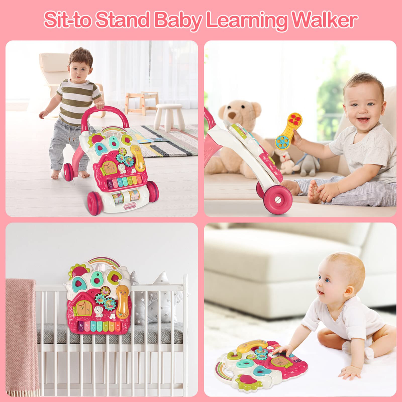 Super Joy 3 in 1 Baby Walker,Sit to Stand Learning Walkers & Removable Play Panel, Kids Early Activity Center with Lights & Sounds Birthday Gift for Infant Boys Girls Super Joy