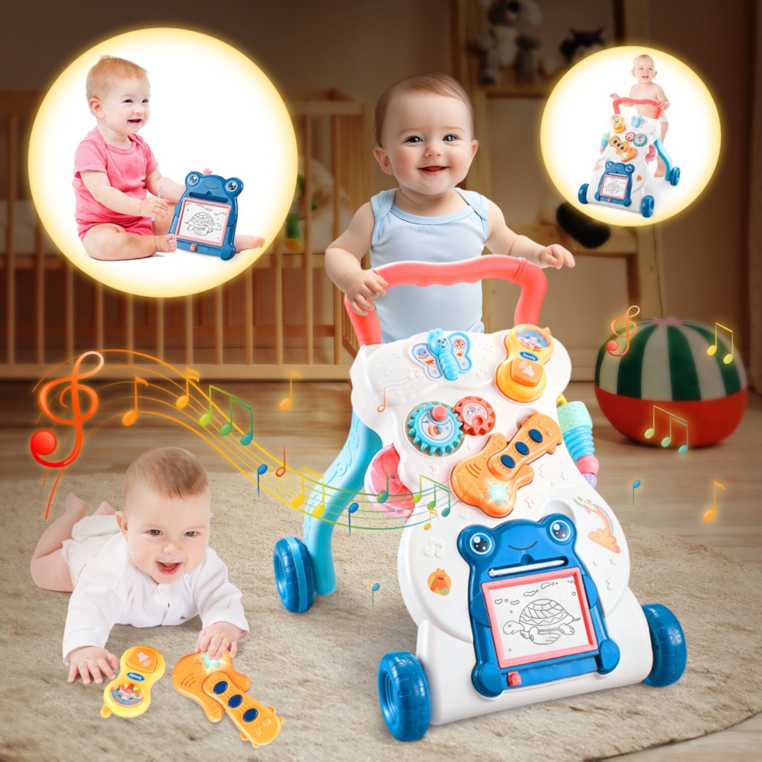 WonderStone Baby Walkers with Drawing Board，2 in 1 Push Walker and Infant Activity Center for 6-12 Months Wonderstone