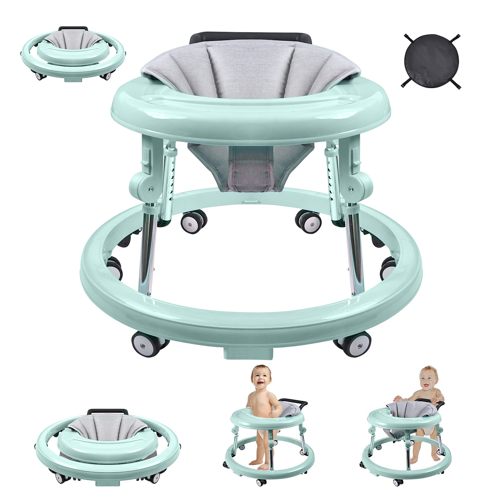 Baby Walker, Baby Walker with Wheels, Foldable 9-Gear Height Adjustable, Baby Walkers and Activity Center with Foot Pads/Mute Wheels, Baby Walkers for Baby Boys and Girls 6-24 Months Arcwares