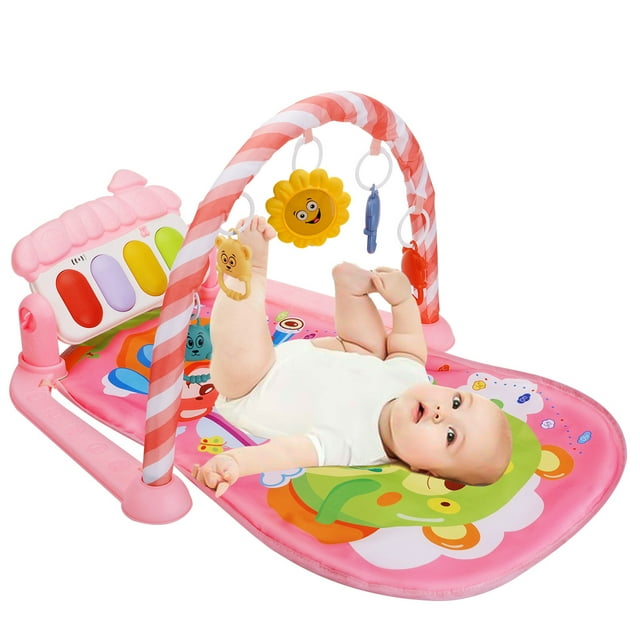 Baby Play Mat, Activity Gym Play Mat Center with Musical Play Piano and Hanging Rattles Toys, for Infants 0-12 Months, Pink Novashion