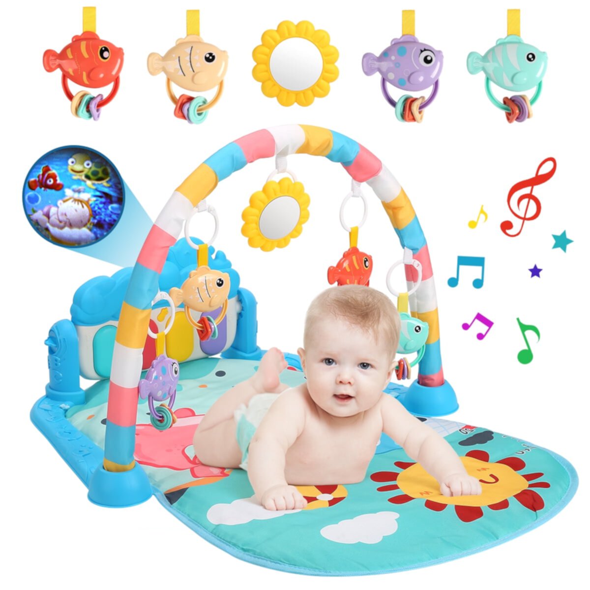 JoyStone Baby Gym Projection Play Mat, Kick and Play Piano Gym, Musical Activity Center for Newborn Infants Toddlers, Blue JoyStone