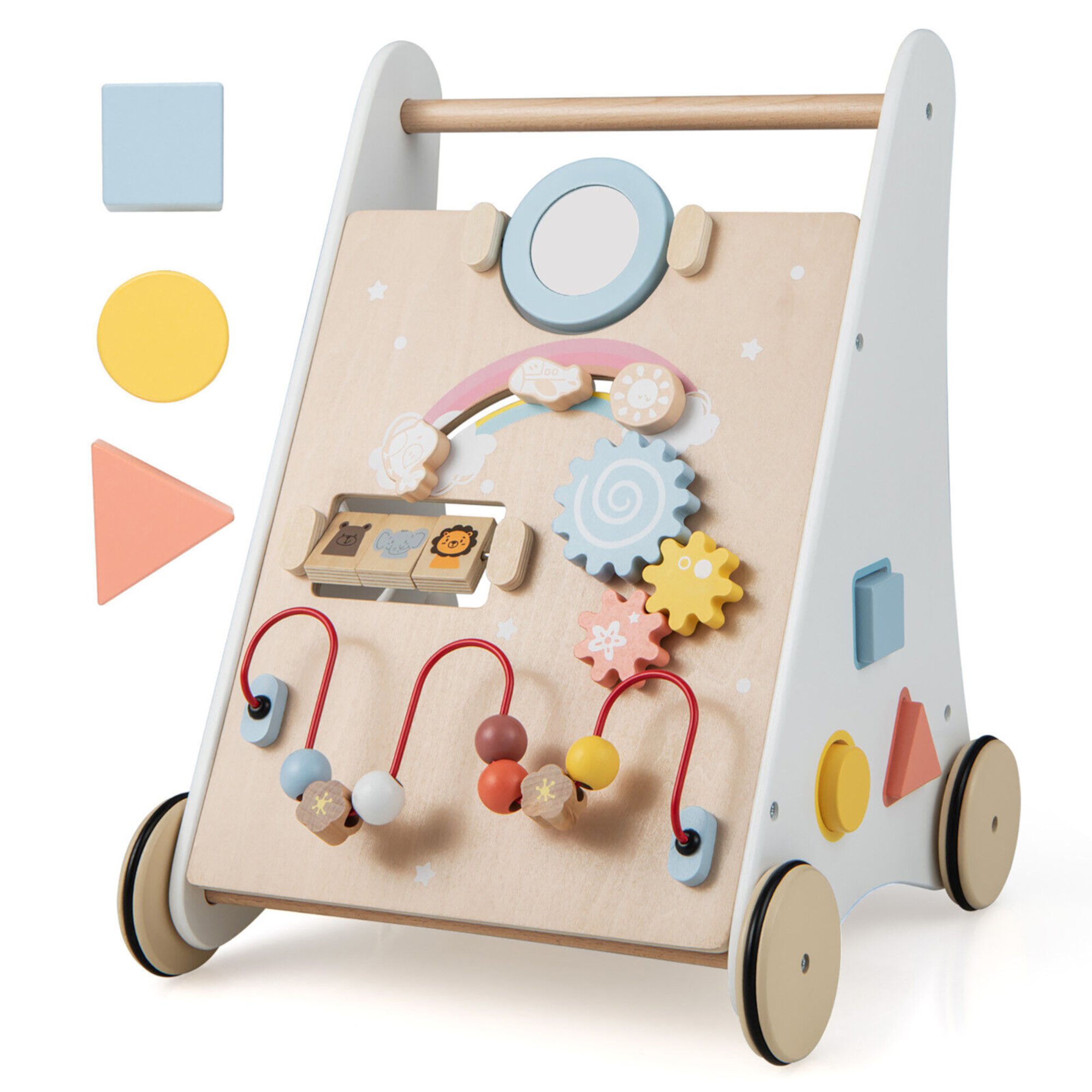 Gymax Wooden Baby Walker Baby Activity Center with Mirror Shape Sorter for 1+ Year Old GYMAX