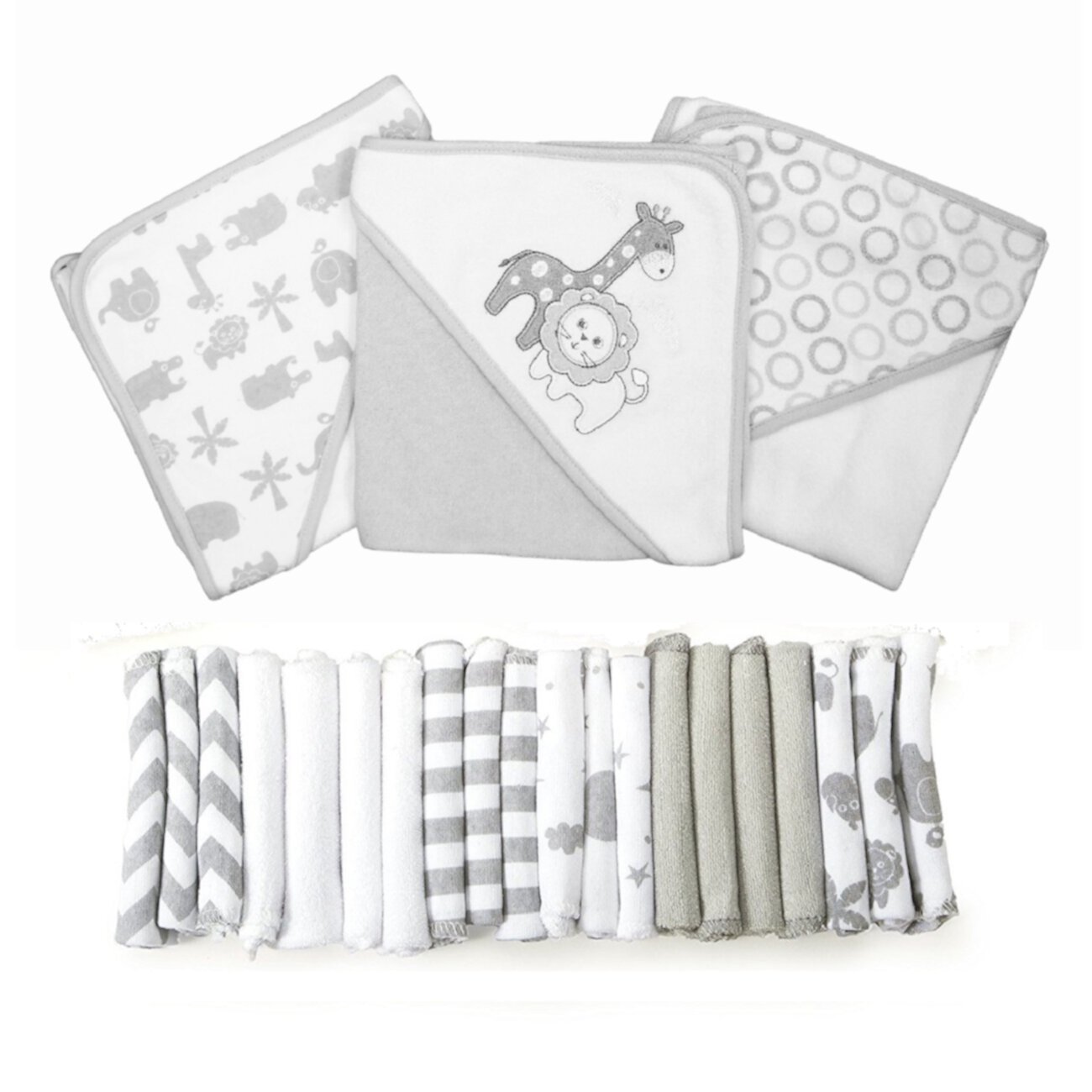 Spasilk Bath Hooded Towels & Washcloths Set for Babies, 23-Piece Gift Set, Gray Lion Spasilk