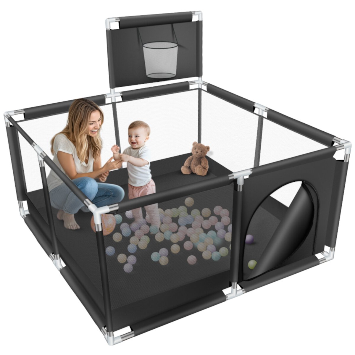 Baby Playpen,HDJ 50 inch Baby Playard with Basketball Hoop and Breathable Mesh,Baby Fence Game Center for Boy and Girls,Black HDJ