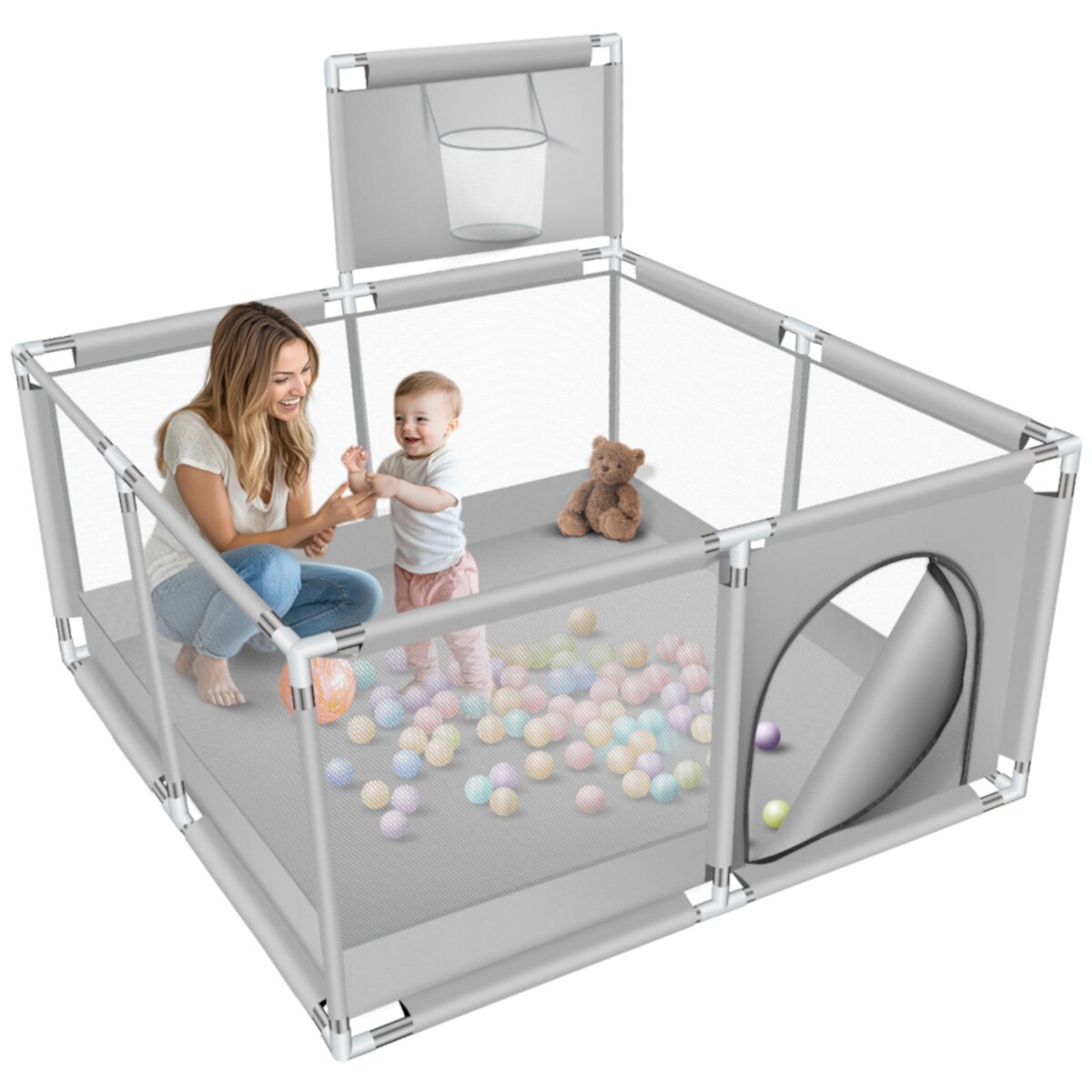 Baby Playpen,HDJ 50 inch Baby Playard with Basketball Hoop and Breathable Mesh,Baby Fence Game Center for Boy and Girls,Gray HDJ