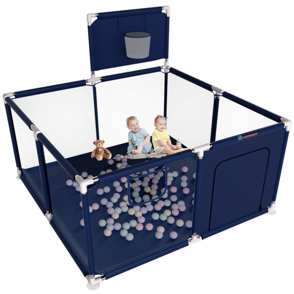 Baby Playpen, Outdoor Play Yard, Portable Play Yard 4-Panel- Baby Safety Playpen for Infant Toddler with Basketball Hoop,Navy Novashion