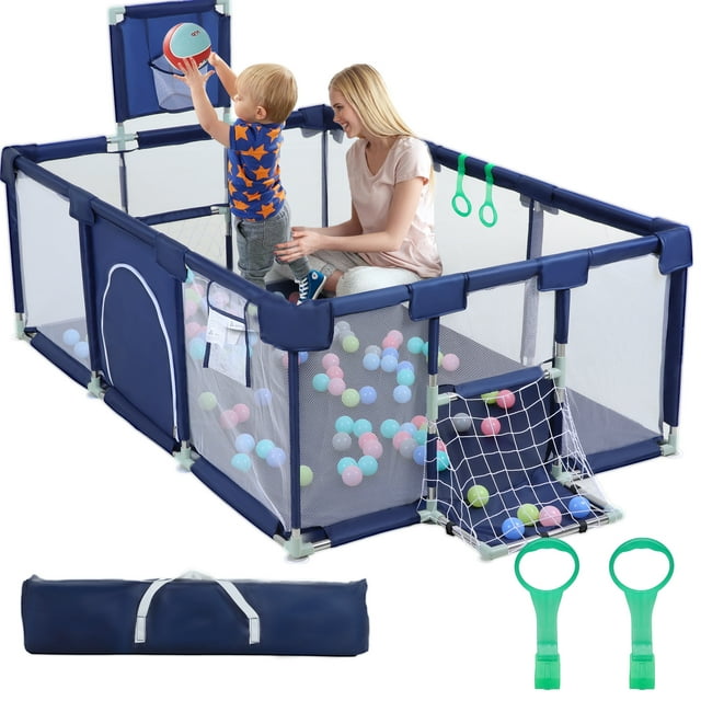 TEAYINGDE Baby Playpen,71 Inch Extra Large Baby Playard With Basketball Hoop and Breathable Mesh,Children Kids Play Fence for Indoors Outdoors,Blue TEAYINGDE