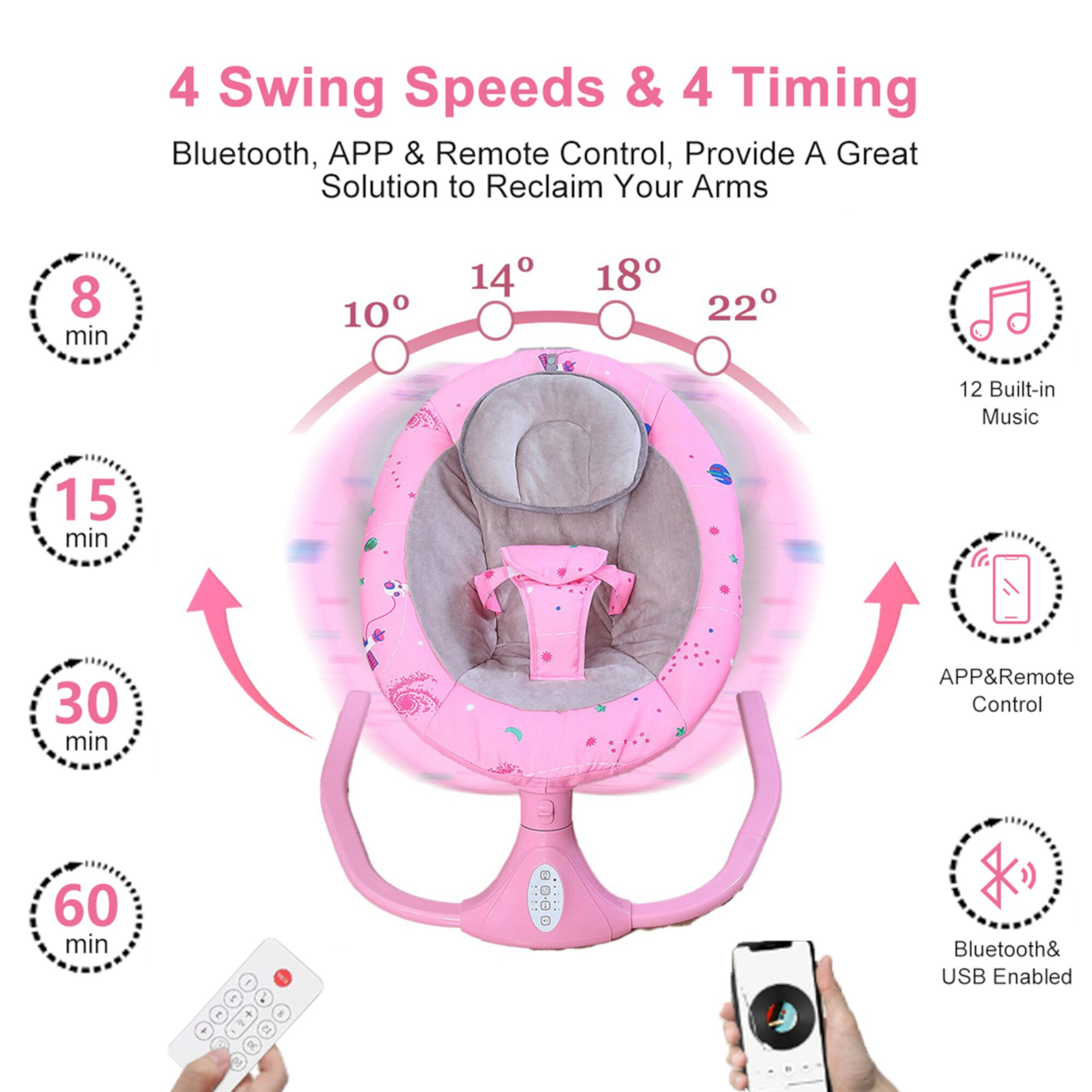 HAOUUCYIN Baby Swing for Infants, Newborn Electric Swing Chair with 4 Gears & Timer & bluetooh Music, Pink Visit the HAOUUCYIN Store