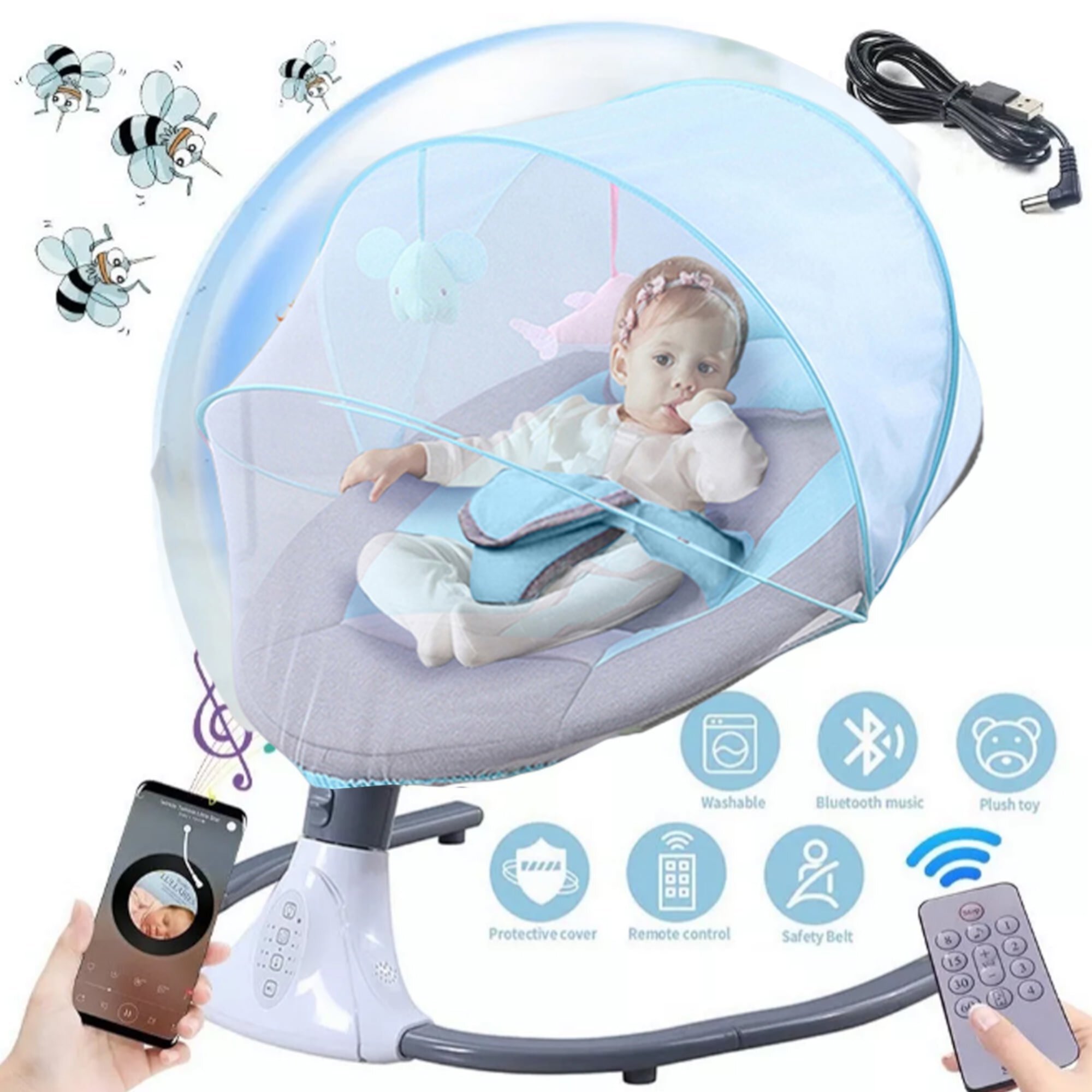 HAOUUCYIN Electric Baby Swing for Infants, Portable Baby Bouncer with Remote Control,bluetooth Music, Blue Visit the HAOUUCYIN Store