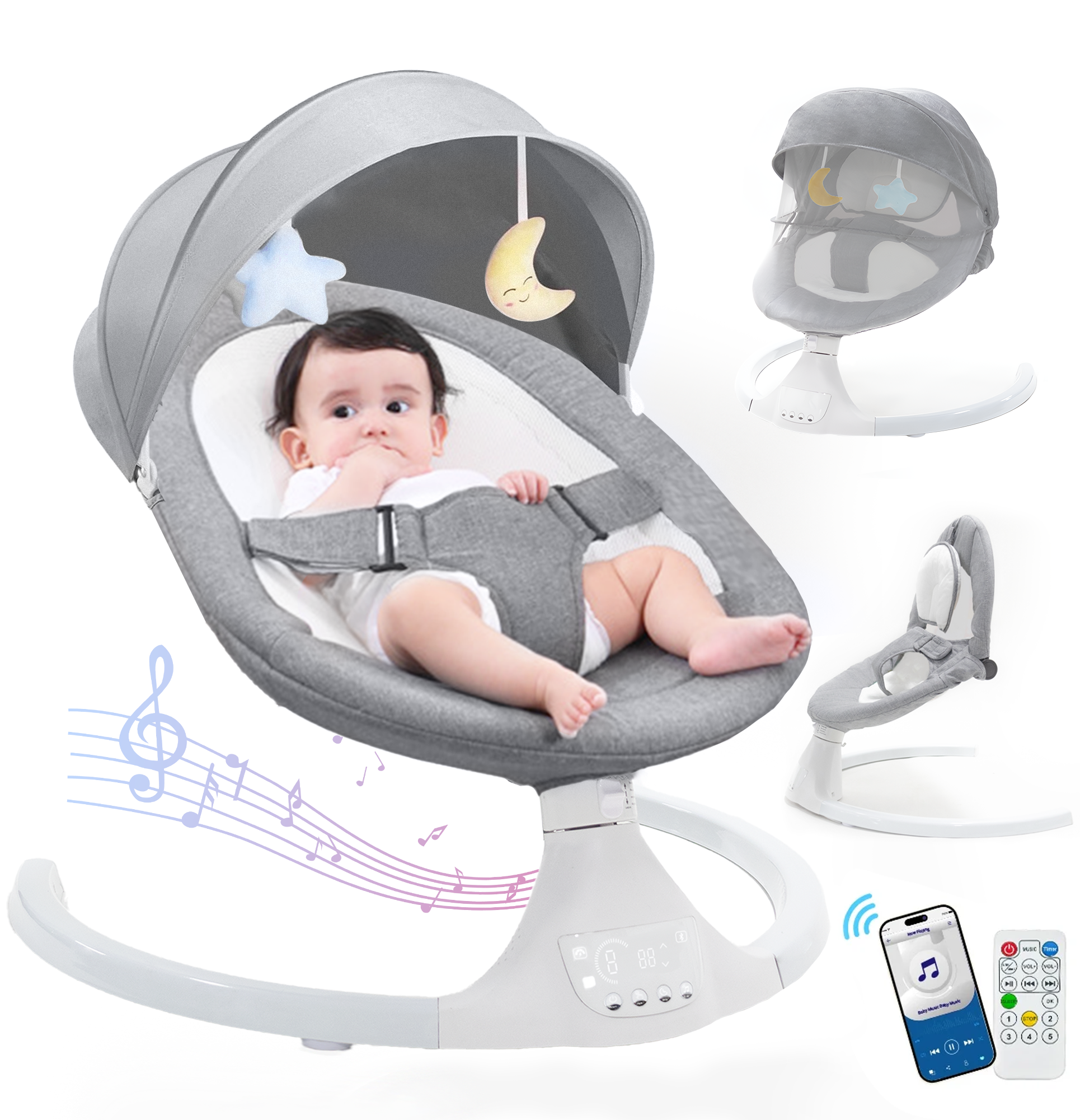 Baby Swing for Infants, Bluetooth Swing Electirc Baby Rocker Bouncer, Auto Swing with 5 Speed, Gray Yadala