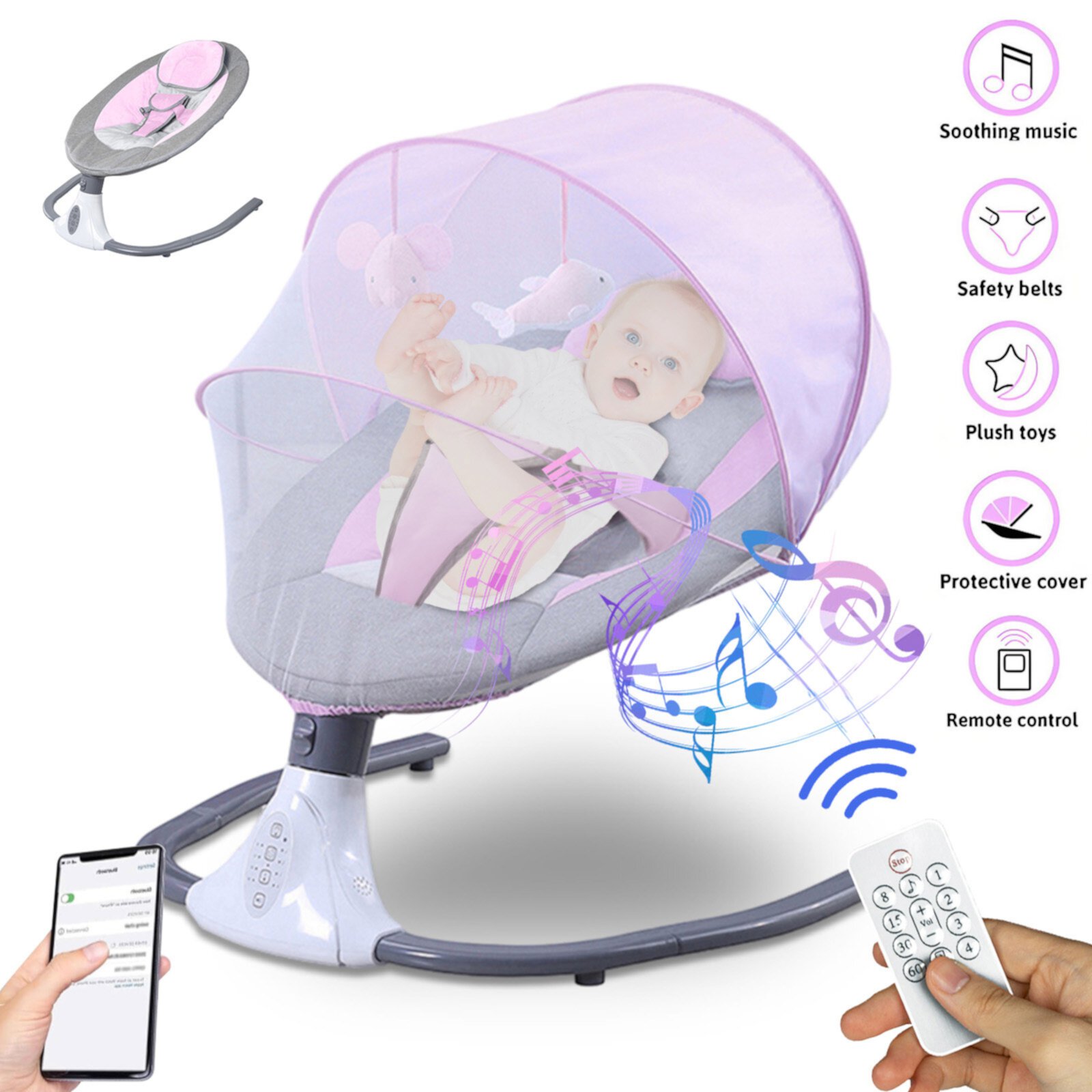 Electric Baby Swing for Infants, Remote Control,Bluetooth Music,4 Timing Baby Bouncer,Pink RICHYOUNG