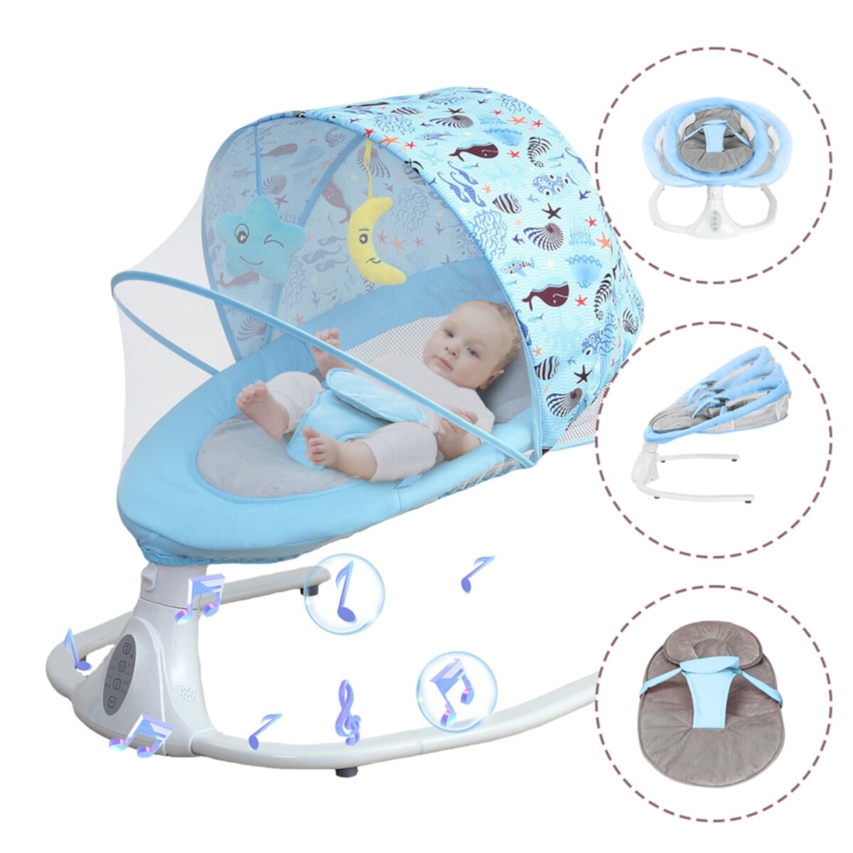 HAOUUCYIN Baby Swing for Infants with Cushioned Seat Pad, bluetooth Rocking, Electric Swing Chair with 4 Gears & Time & Music, Blue HAOUUCYIN