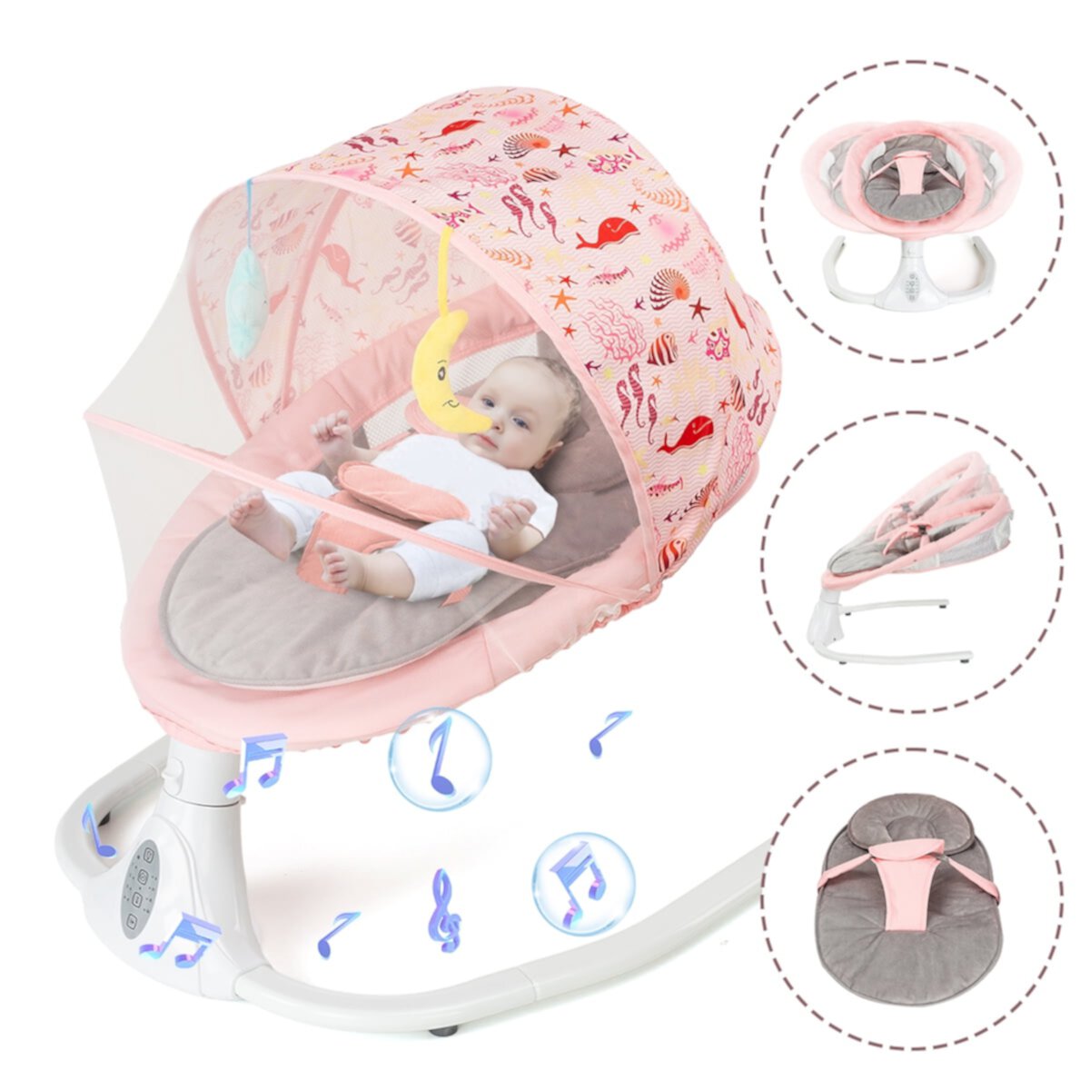 HAOUUCYIN Baby Swing for Infants with Cushioned Seat Pad, bluetooth Rocking, Electric Swing Chair with 4 Gears & Time & Music, Pink HAOUUCYIN