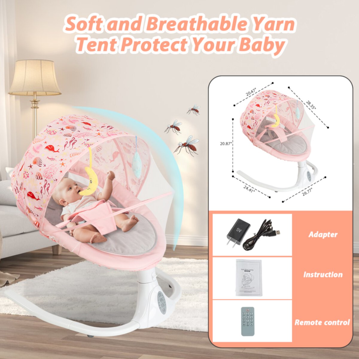 Upgrade Baby Swings for Infants Newborn, Electric Portable Baby Swing with 4 Swing Speeds Music Remote Control, Pink White RICHYOUNG