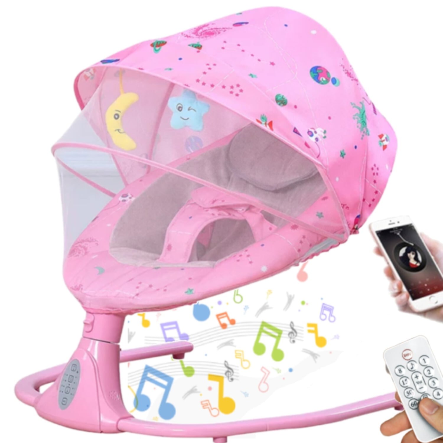 Hurber Electric Baby Swing, Infant Bouncer Chair with Adjustable Seat, Bluetooth Music, 12 Lullabies, 4 Speeds, 4 Timing Set, Unisex, Pink Hurber