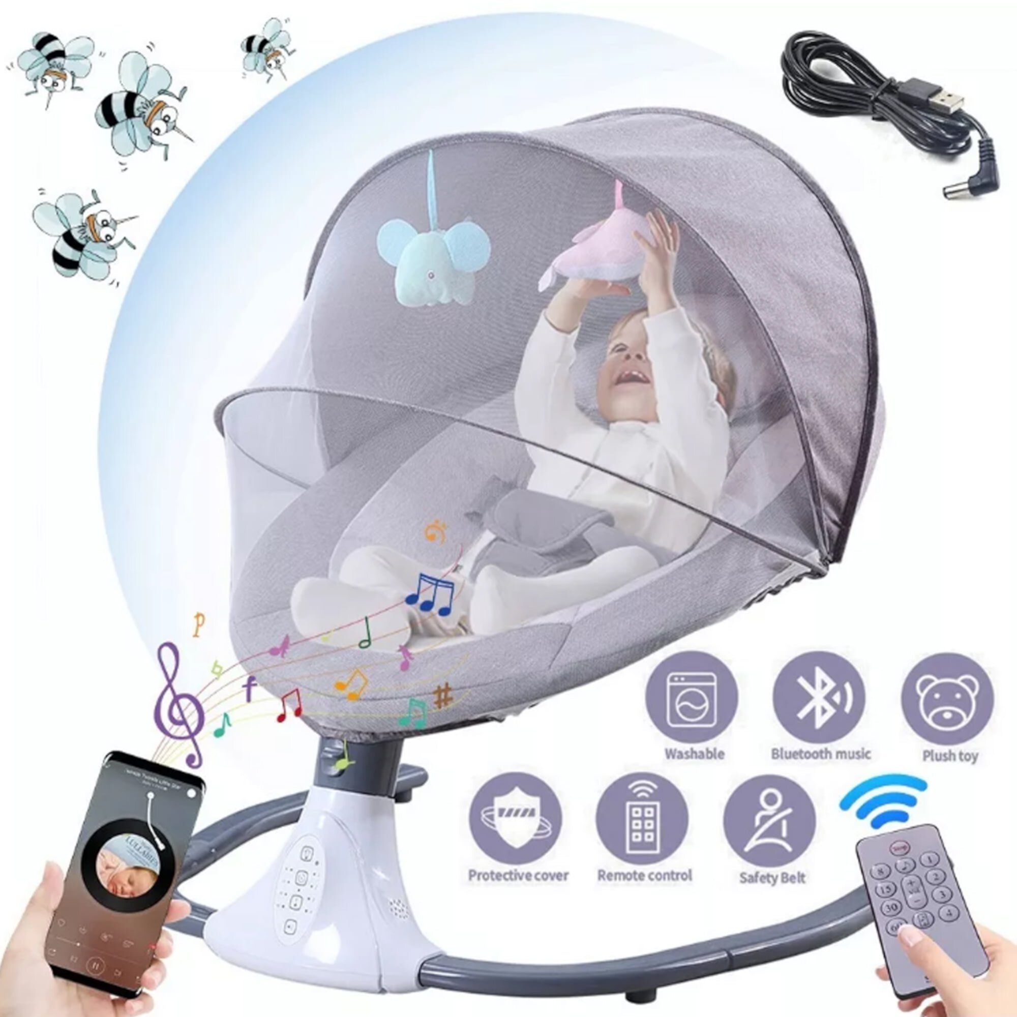 HAOUUCYIN Electric Baby Swing for Infants, Portable Baby Bouncer with Remote Control,bluetooth Music, Gray Visit the HAOUUCYIN Store