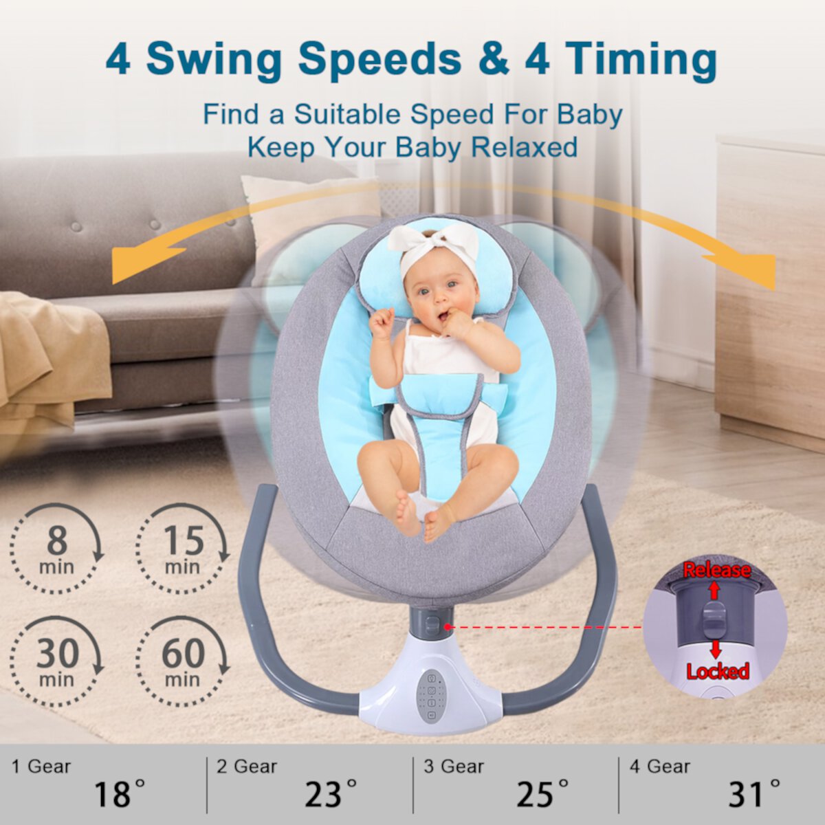 HAOUUCYIN Electric Baby Swing, bluetooth Music Infant Bouncer with 12 Lullabies for Boys Girls, Blue Visit the HAOUUCYIN Store