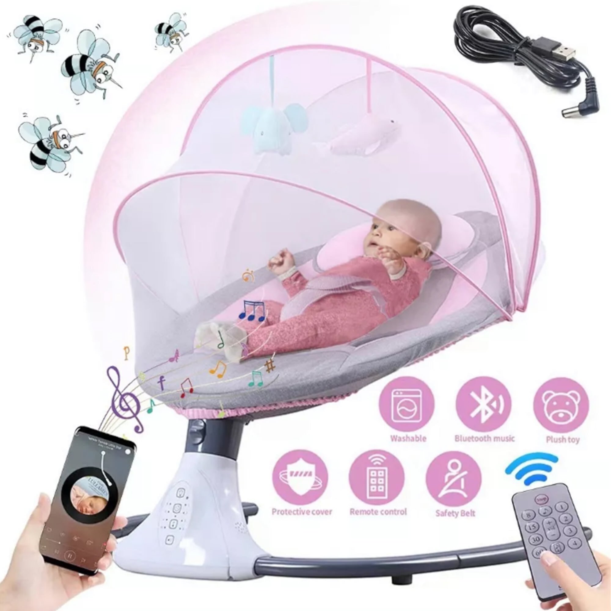 HAOUUCYIN Electric Baby Swing for Infants, Portable Baby Bouncer with Remote Control,bluetooth Music, Pink Visit the HAOUUCYIN Store