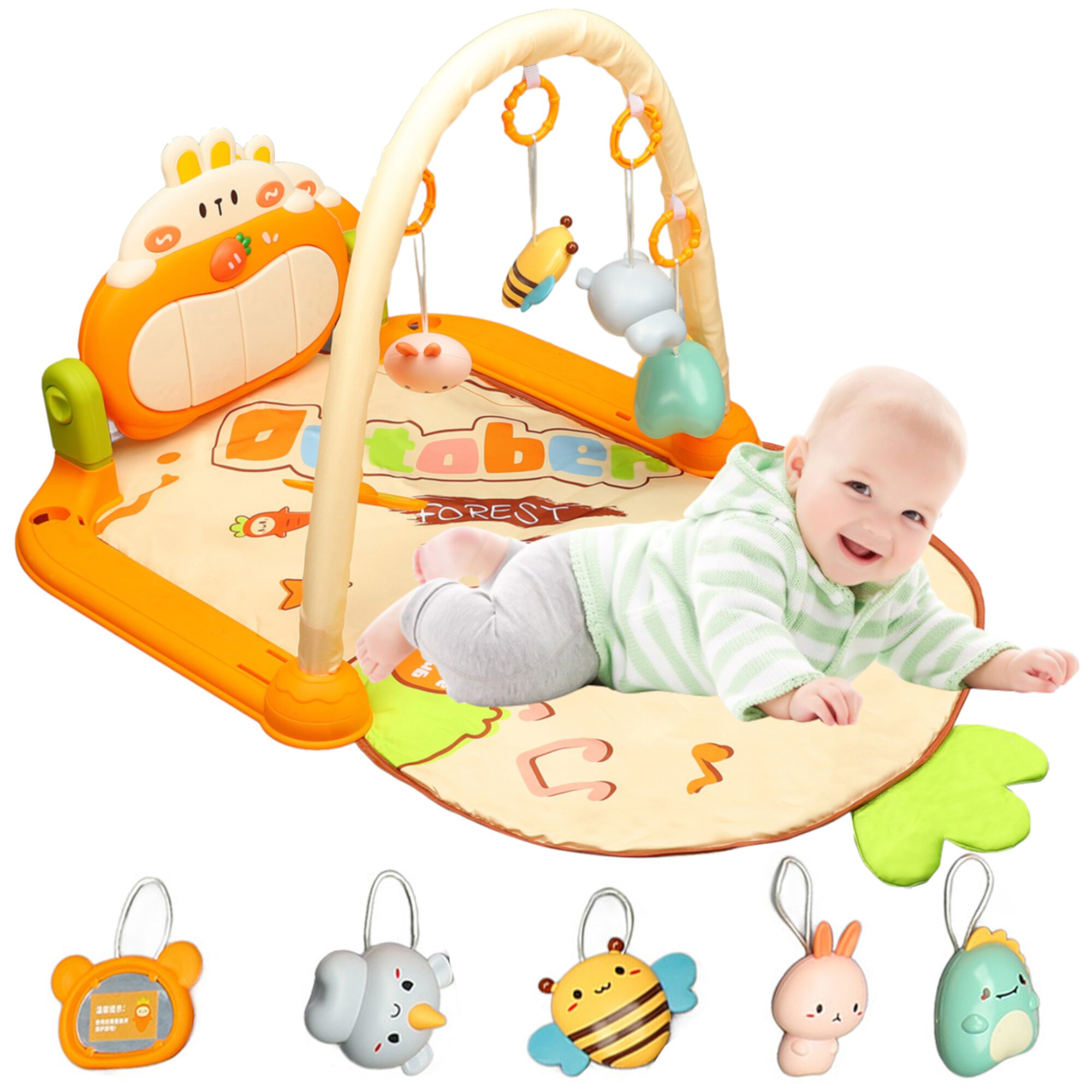 Baby Gym Mat with 4 Soft Rattles Baby Play Mat Kick & Play Piano Gym Baby Play Piano Musical Tummy Time Activity Gym Mat for Newborn Toddler Playmat FAGINEY