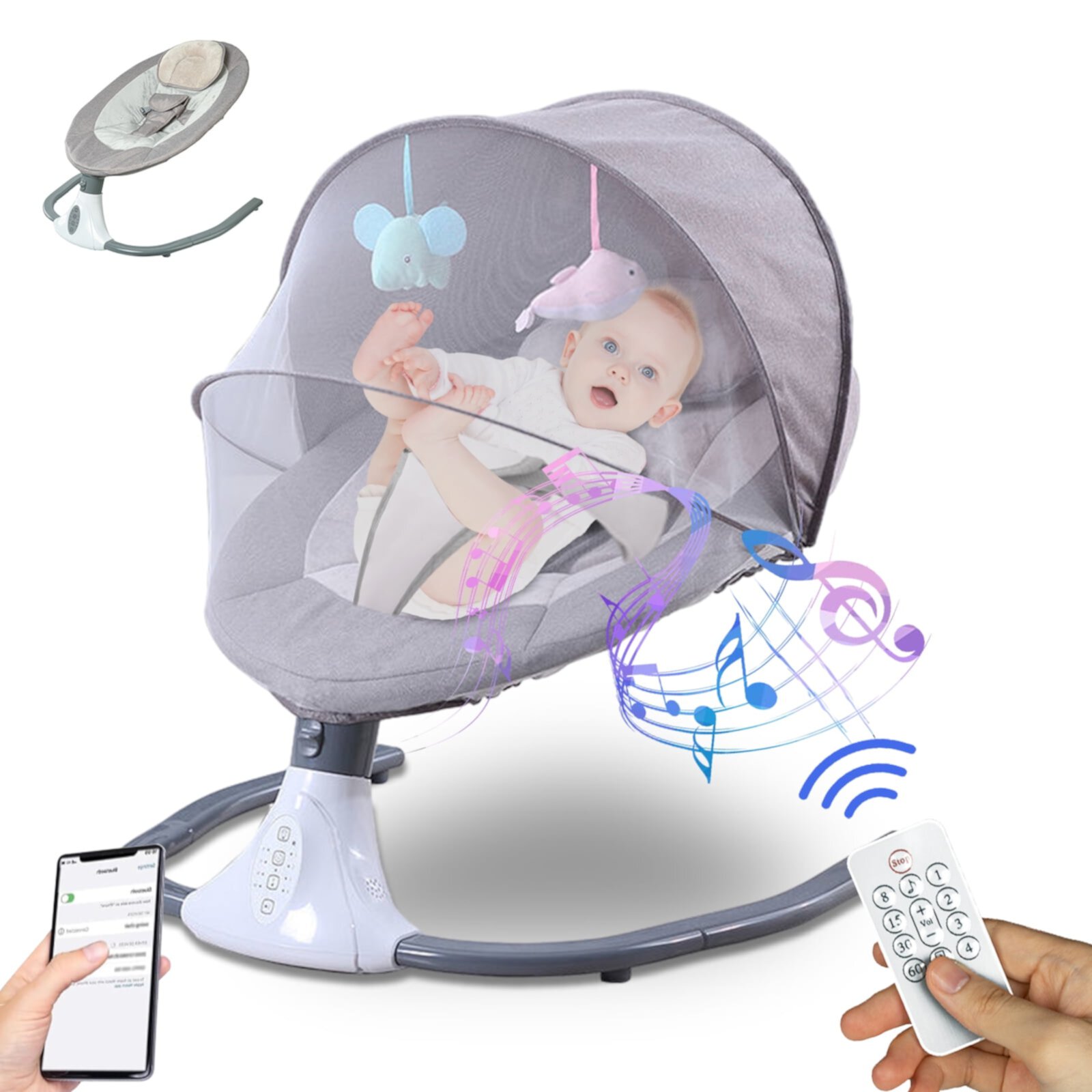 Electric Baby Swing for Infants - Bluetooth Music Speaker with 12 Lullabies and 4 Speeds, Remote Control, Gray RICHYOUNG