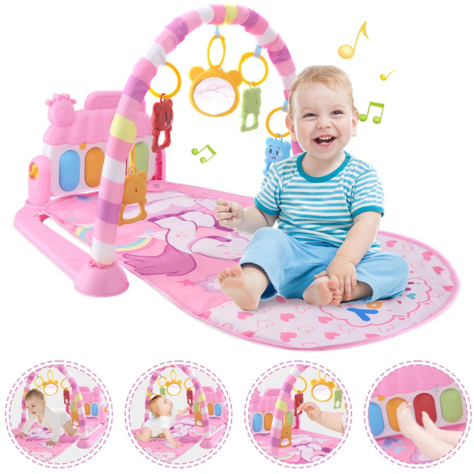 Baby Play Mat with Piano, Musical Activity Fitness Gym for Newborn, Infant Playmat Piano Suitable for 0-3 Year Boys and Girls Tummy Time, Pink Mgaxyff