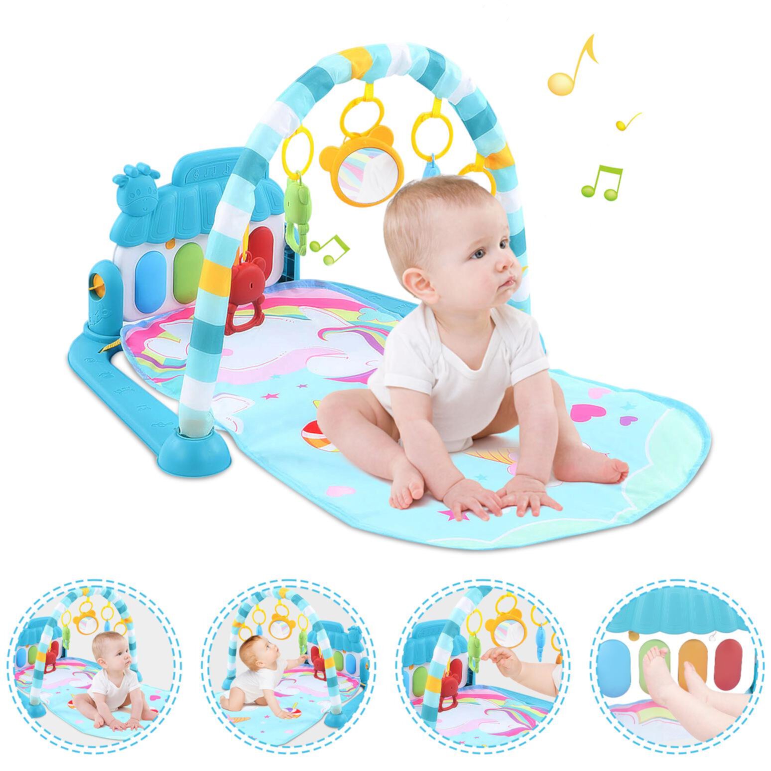 Baby Play Mat with Piano, Musical Activity Fitness Gym for Newborn, Infant Playmat Piano Suitable for 0-3 Year Boys and Girls Tummy Time, Blue Mgaxyff