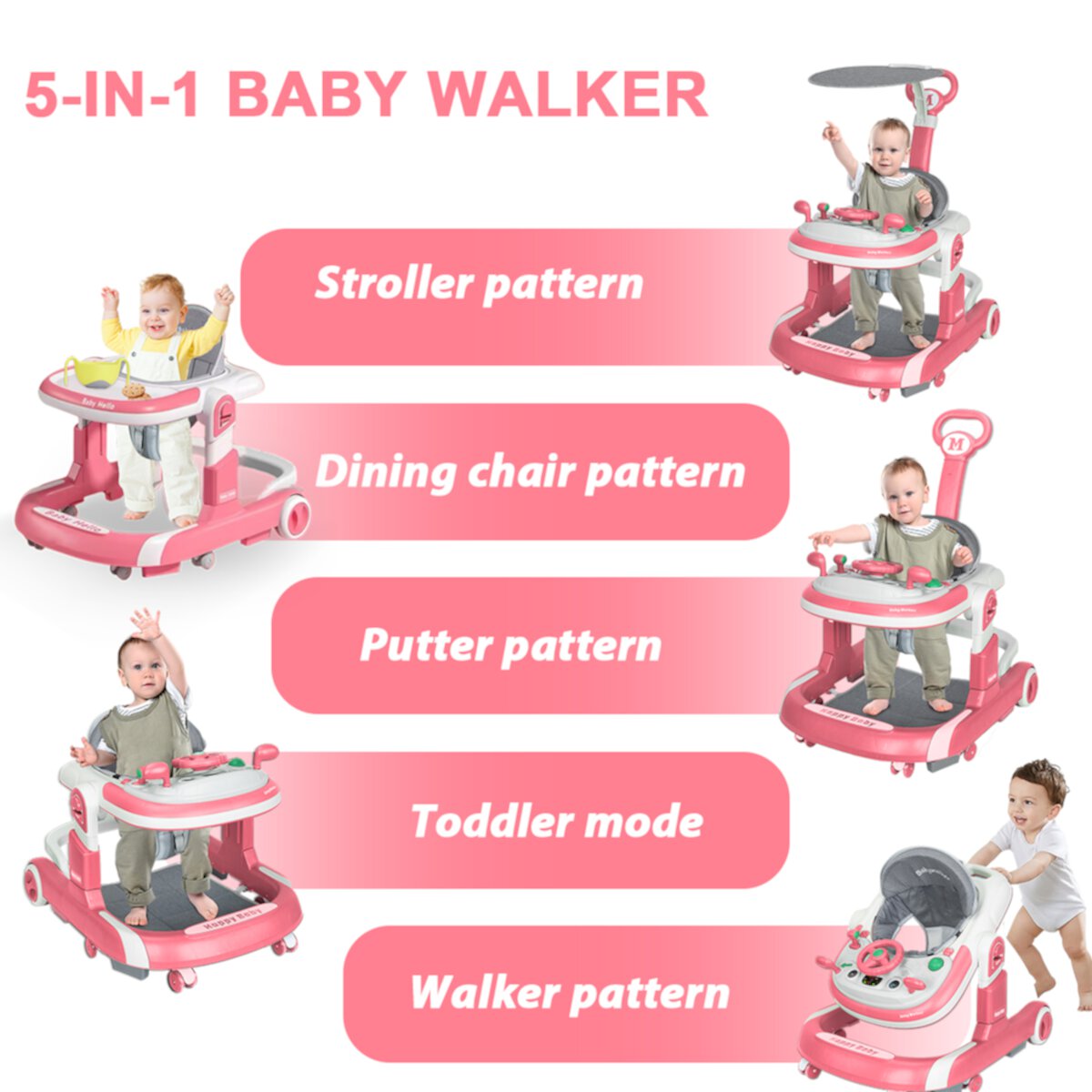 HAOUUCYIN 5-in-1 Baby Walker with Foot Pads/Handles for Girls Boys, Pink Visit the HAOUUCYIN Store