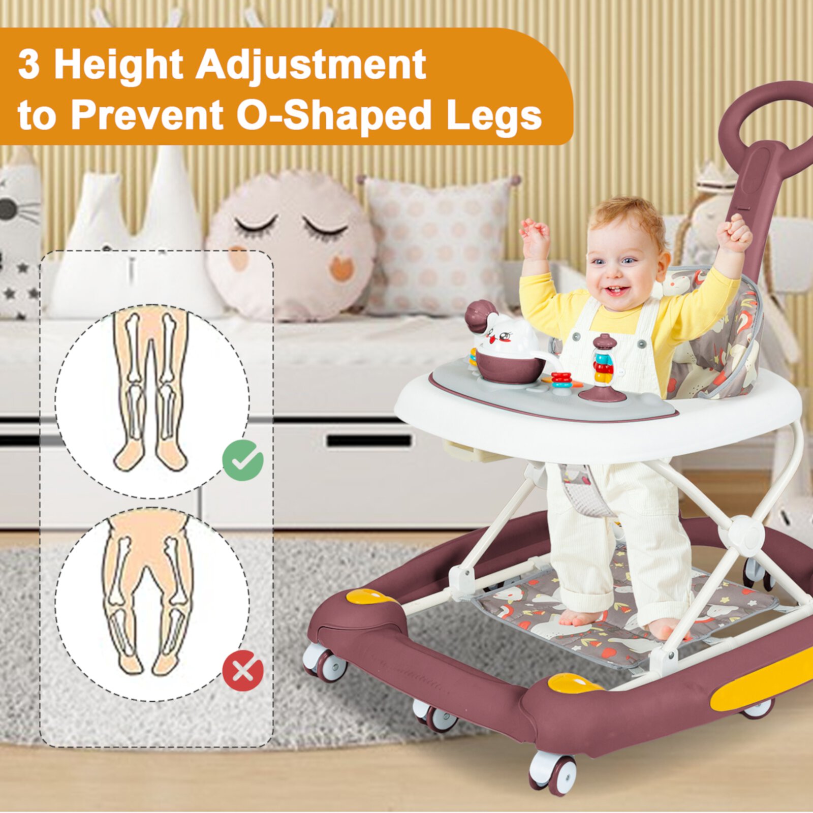 SLLINGLUO Baby Walker, 5-in-1 Infant Walker for Babies, Girls and Boys, Adjustable Folding Walker with Music Toys, Red SLLINGLUO