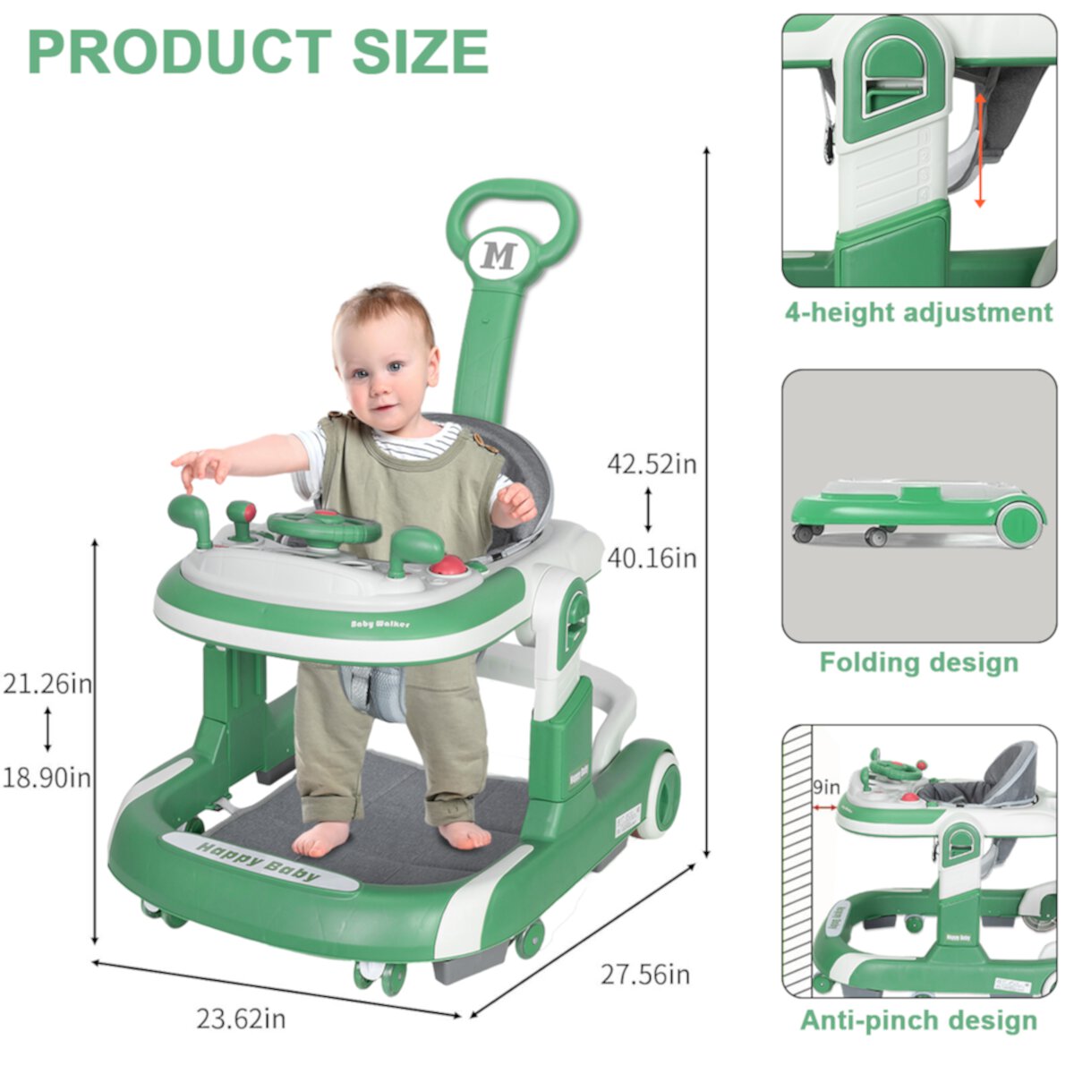 HAOUUCYIN 5-in-1 Baby Walker with Foot Pads/Handles for Girls Boys, Green Visit the HAOUUCYIN Store