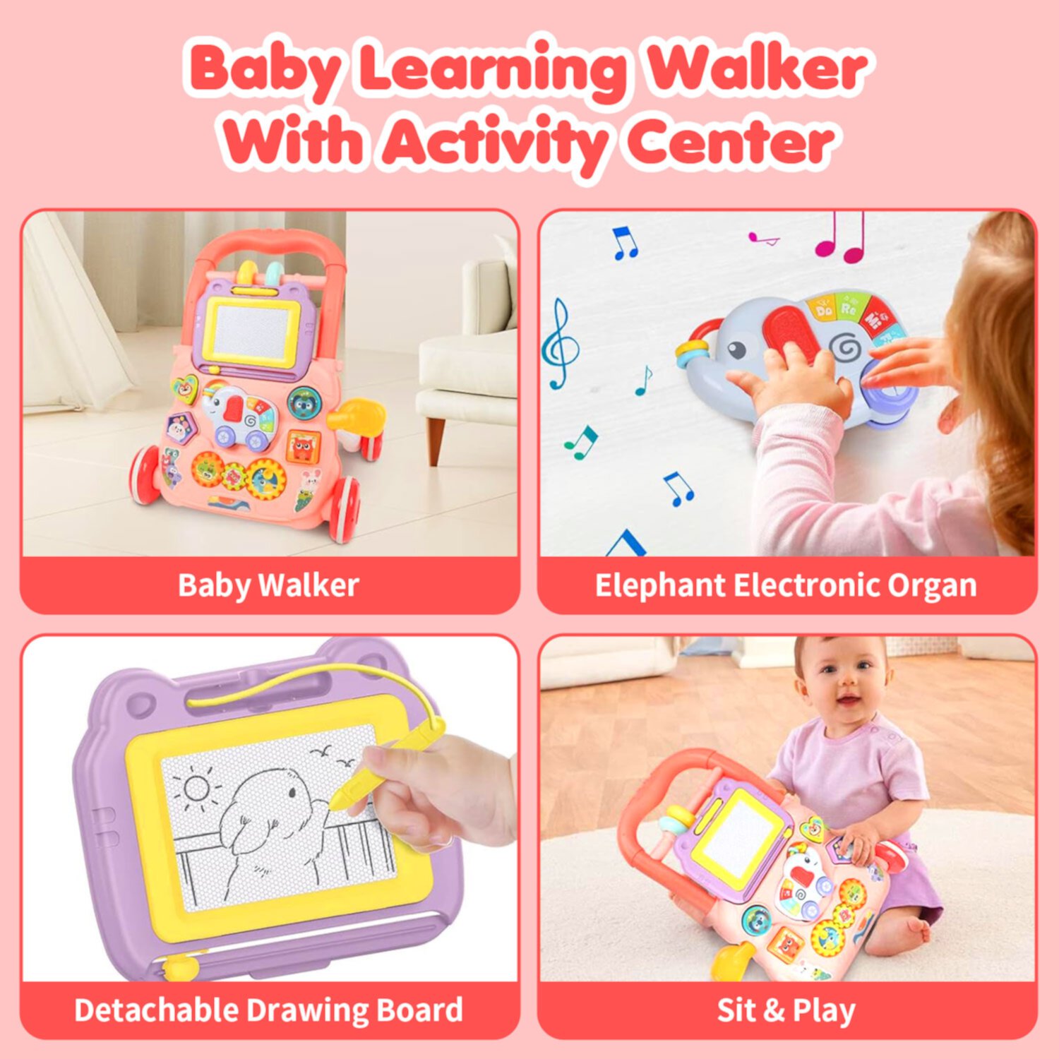 Freecat Learning Walker, 2 in 1 Baby Walker with Drawing Board, Early Educational Activity Center, Multifunctional Removable Play Panel, Baby Music Learning Toy Gift for Infant Boys Girls Freecat