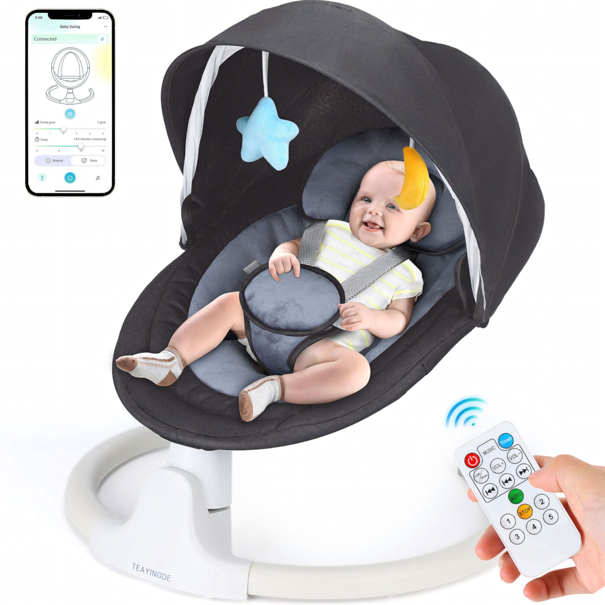 TEAYINGDE Baby Swing for Infants - Motorized Swing with Music Speaker and Remote Control - 12 Lullabies - Black TEAYINGDE