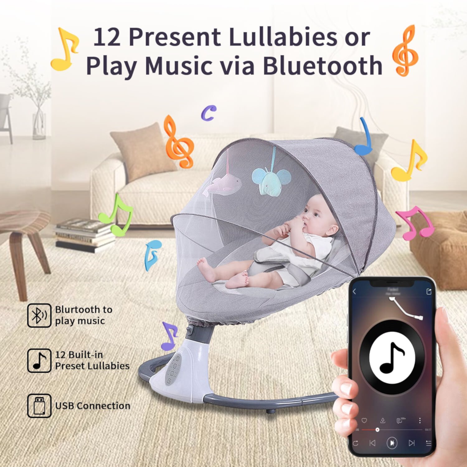 Hurber Electric Baby Swing, Infant Bouncer Chair with Remote Control, Bluetooth Music, 12 Lullabies, 4 Speeds, 4 Timing Set, Unisex, Pink Hurber