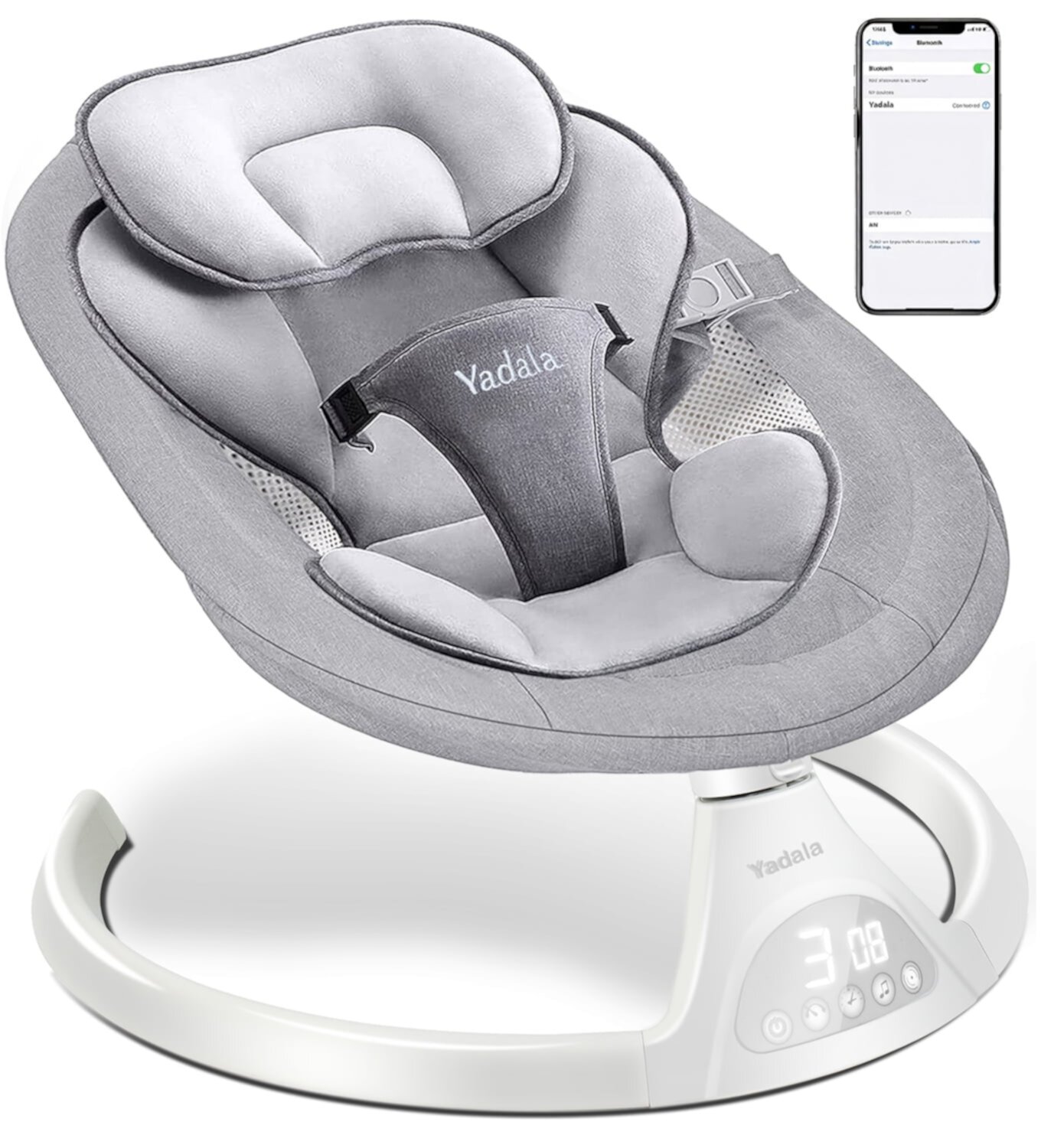 Baby Swing for Infants, Bluetooth Swing Electirc Baby Rocker Bouncer, Intelligent Auto Swing with 5 Speed, Gray Yadala