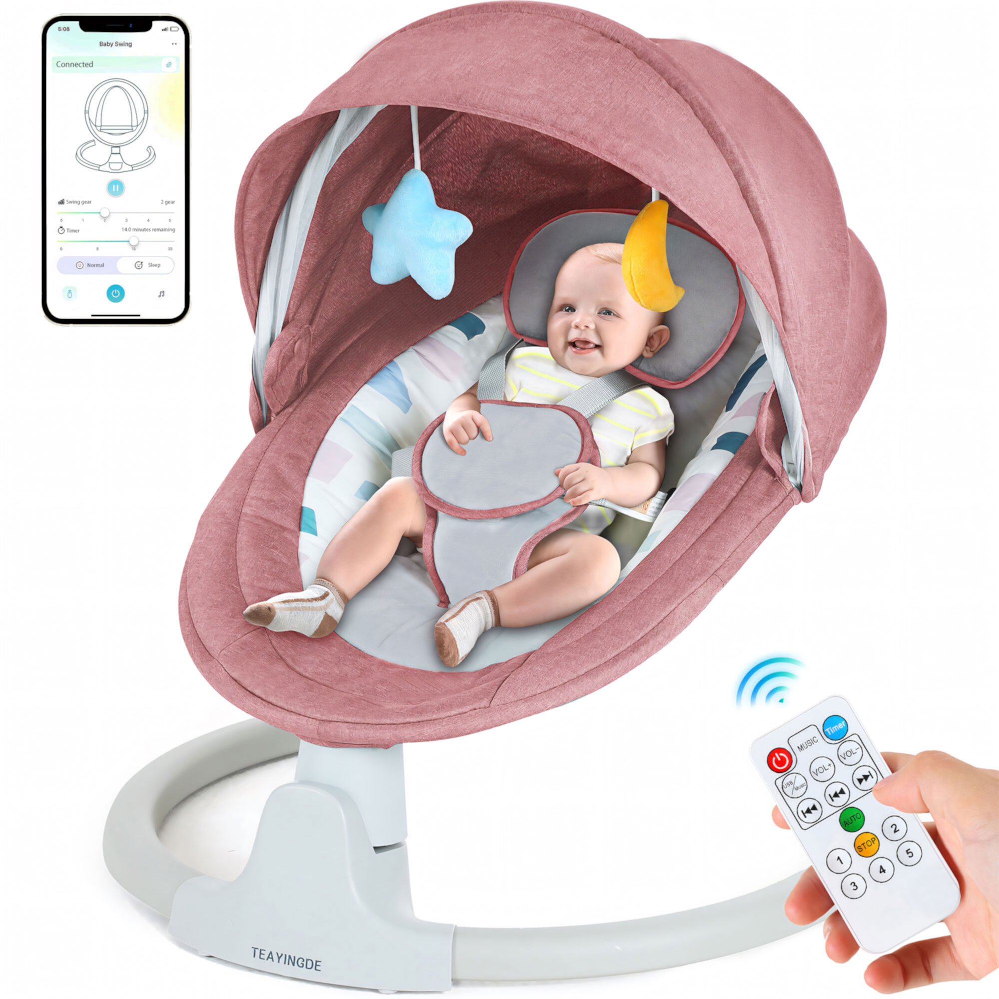 TEAYINGDE Baby Swing for Infants - APP Remote Bluetooth Control, 5 Speed Settings, 10 Lullabies, USB Plug (Pink) Visit the TEAYINGDE Store