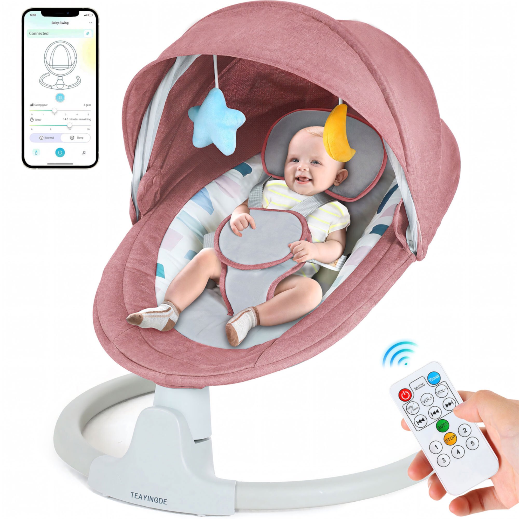 TEAYINGDE Baby Swing for Infants - APP Remote Bluetooth Control, 5 Speed Settings, 10 Lullabies, USB Plug (Pink) TEAYINGDE