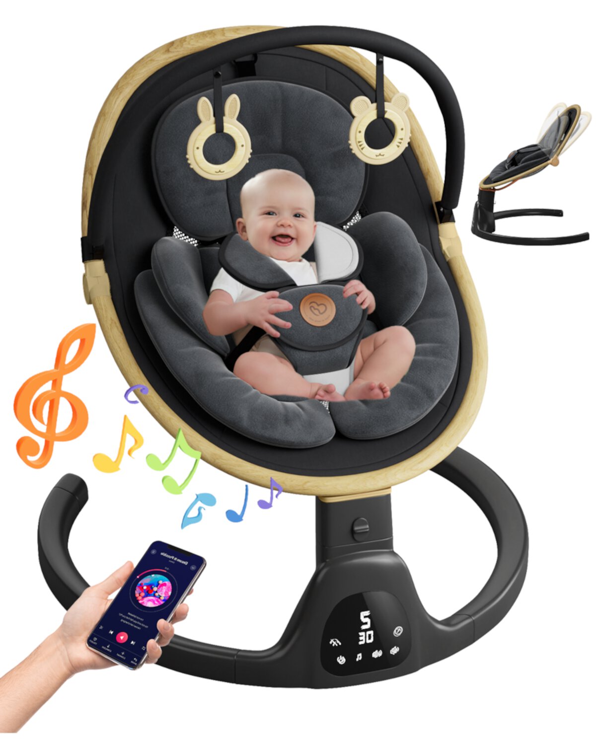 Baby Swing for Infants to Toddler Portable Babies Swing Timing Function 5 Swing Speeds Bluetooth Touch Screen Music Speaker with 10 Preset Lullabies 5-Point Carabiner black Babyomi