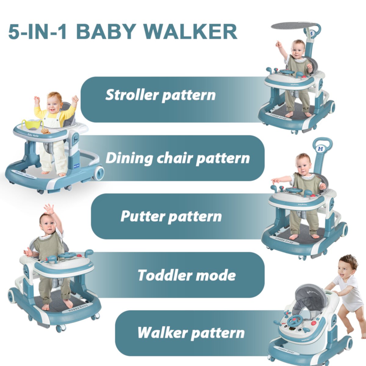 HAOUUCYIN 5-in-1 Baby Walker with Foot Pads/Handles for Girls Boys, Blue Visit the HAOUUCYIN Store