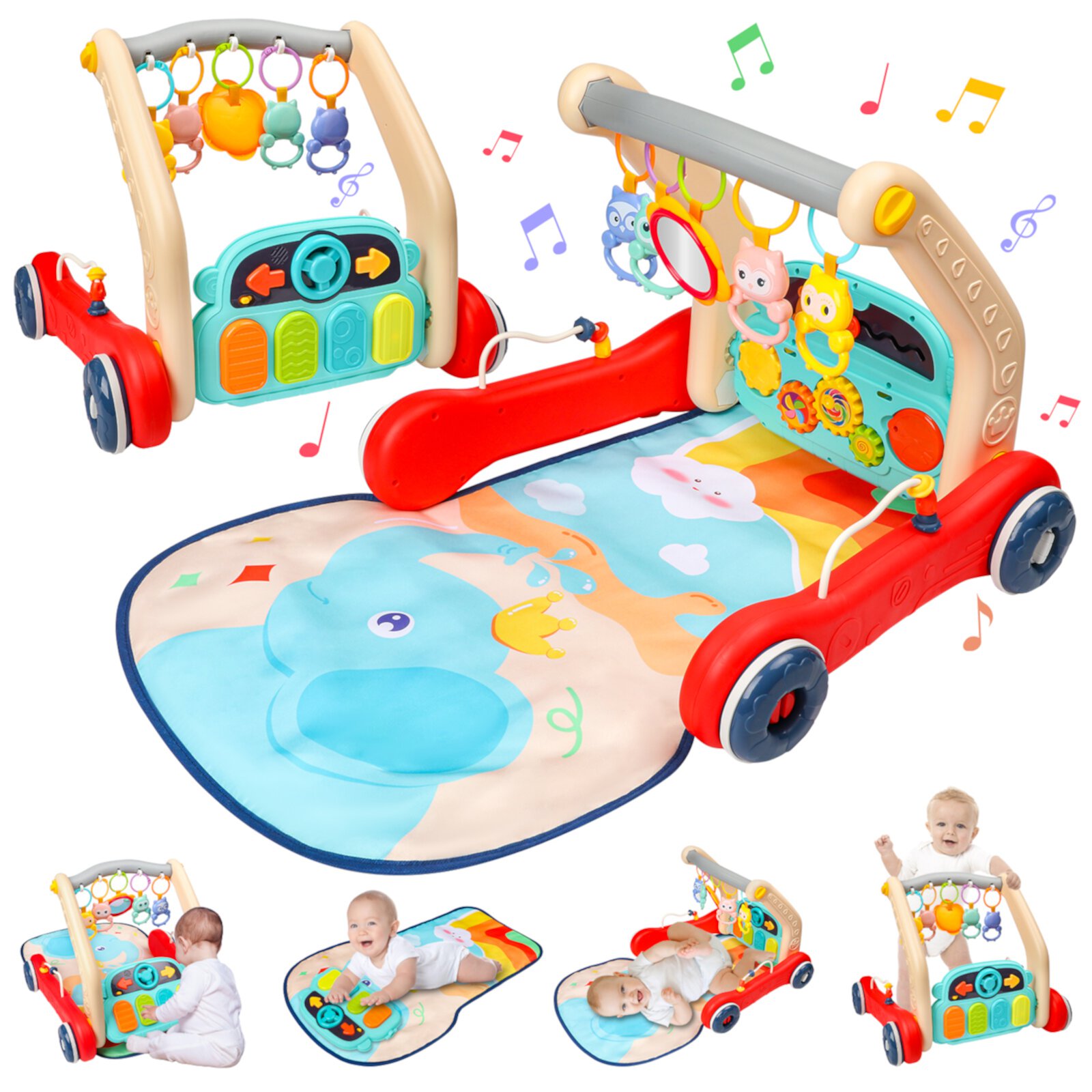 HopeRock 2 in 1 Baby Play Mat & Baby Walker, Boys Girls Toddlers Gym Mat, Sit to Stand Baby Learning Walker w/ Musical Piano Toy Tummy Time Mat, Push Walker Toys Gift for 0 3 6 9 Months+ HopeRock