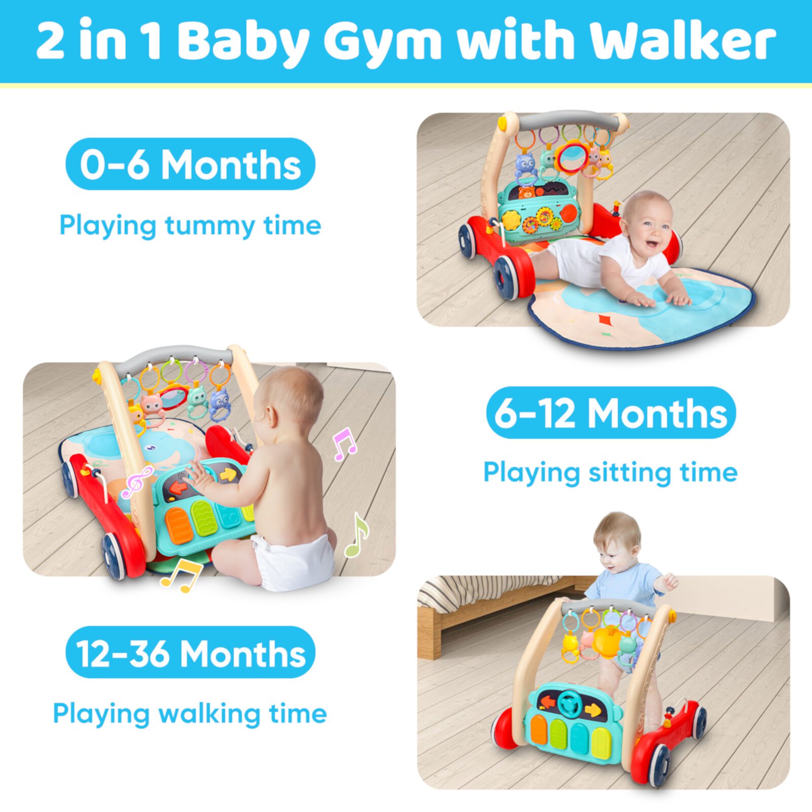 Flooyes 2 in 1 Baby Walker & Play Gym Mat for Boys Girls, Sit to Stand Learning Walker with Musical Piano & Rattles Tummy Time Mat, Babies Floor Activity Push Walker Toys for Infant to Toddler Flooyes