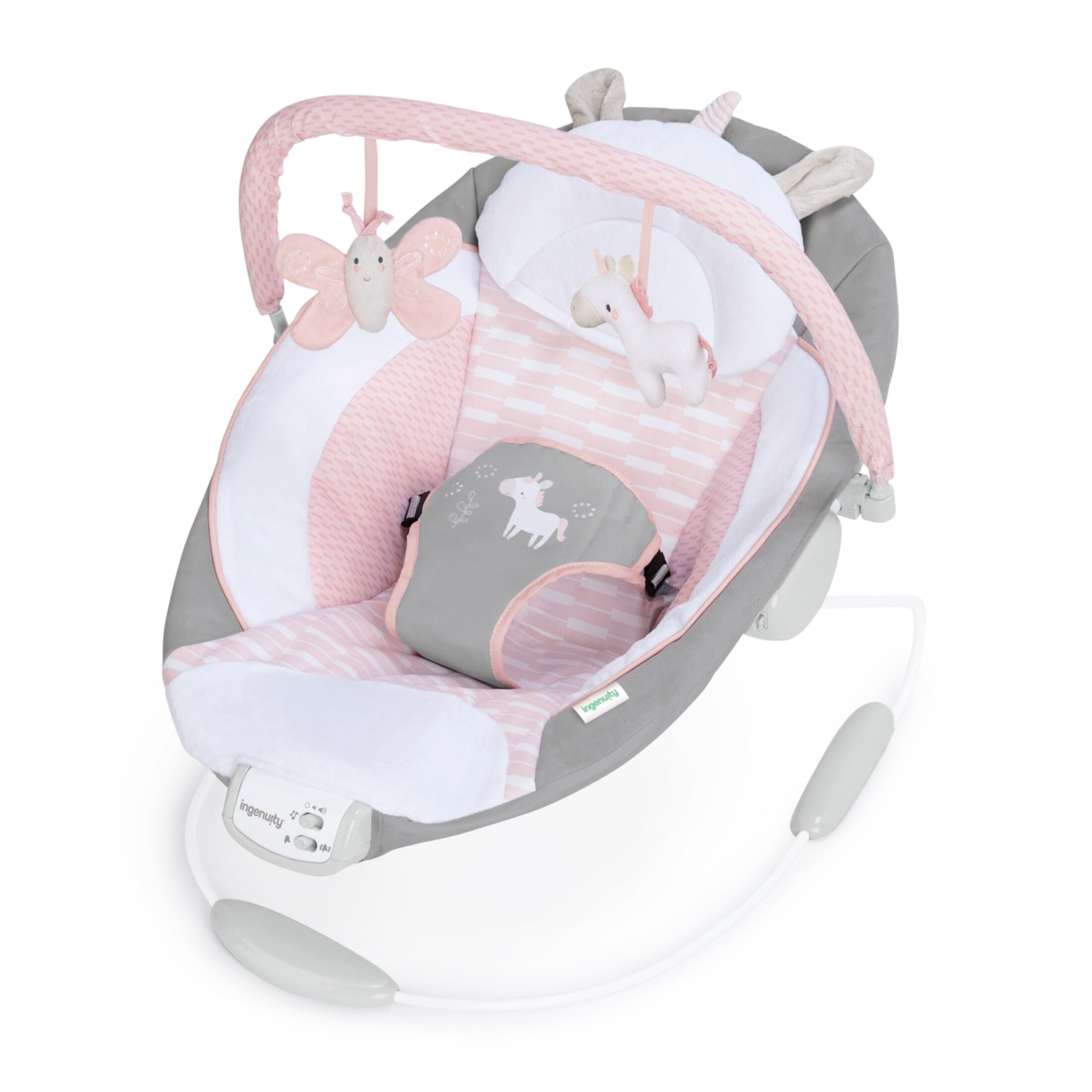 Ingenuity Flora the Unicorn Vibrating Infant Baby Bouncer, Pink Ingenuity