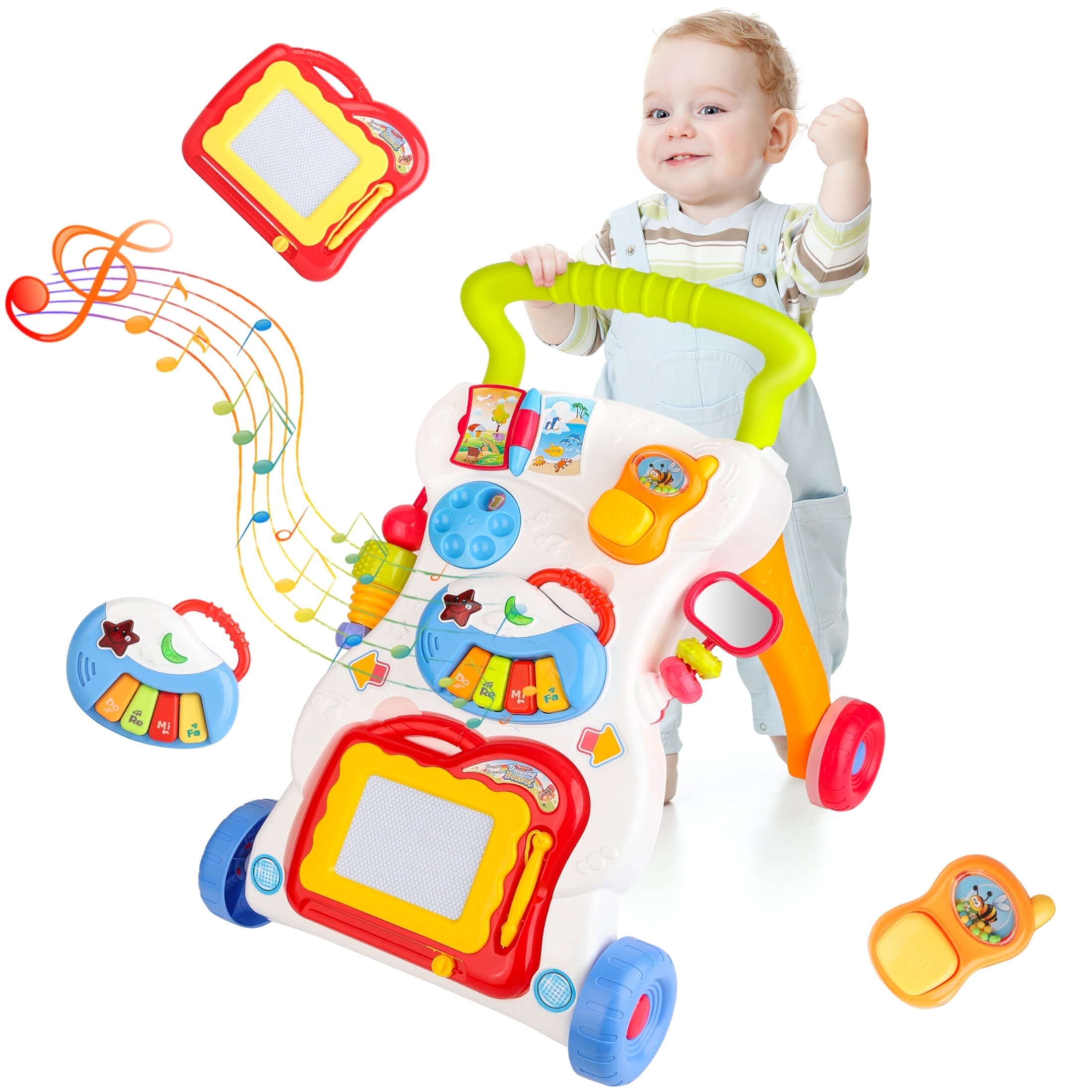 3 in 1 Baby Walker with Drawing Board, Kids Activity Center, Sit to Stand, Lights, Music, Early Learning Push Toys, Multifunctional Removable Play Panel, Toy Christmas Gift for Infant Boys Girls YLSHRF