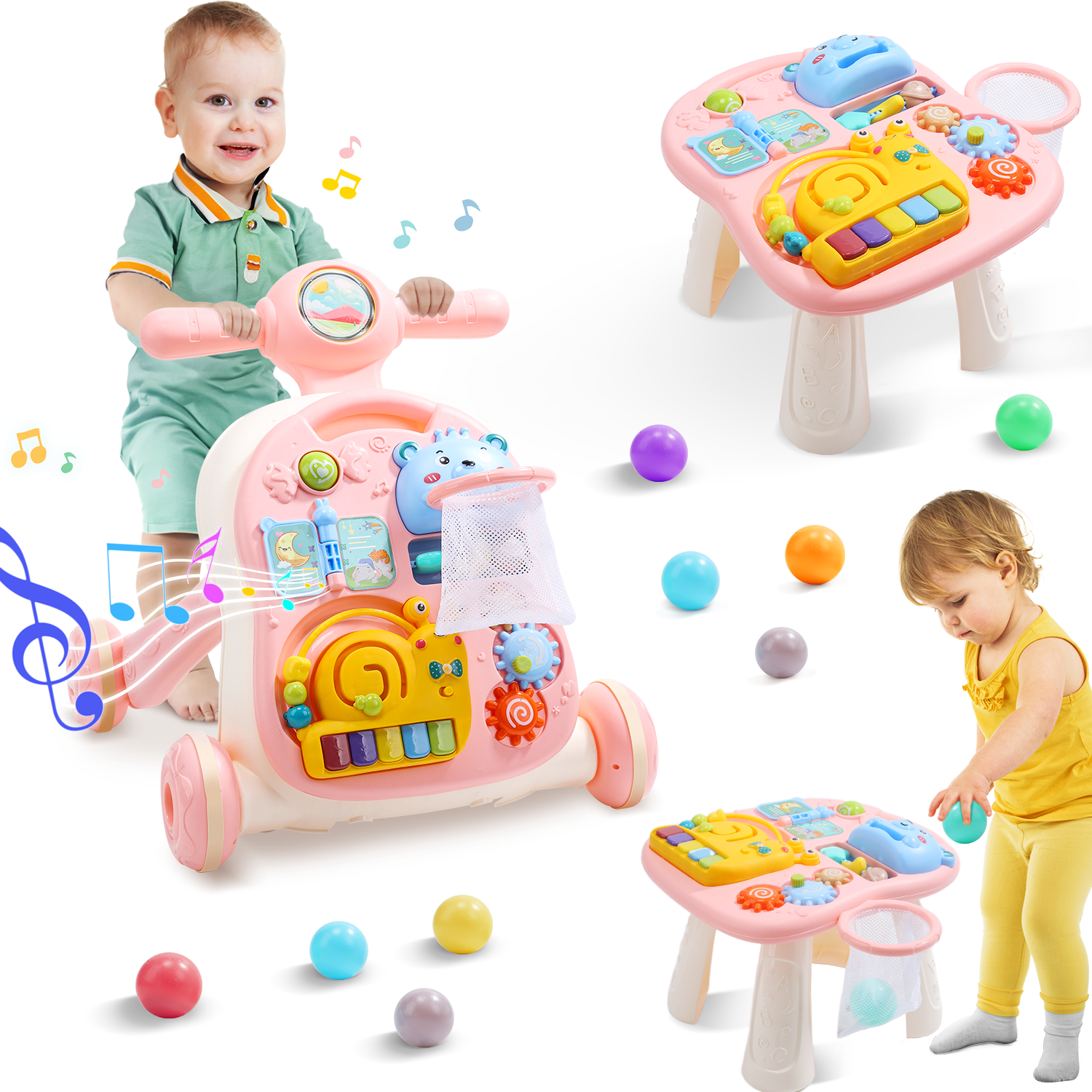 JoyStone 2 in 1 Muscial Baby Walker and Activity Center for Baby, Toddler, Learning to Walk, Sit to Stand, Early Learning Push Toys for Infant Christmas Gifts, Pink JoyStone