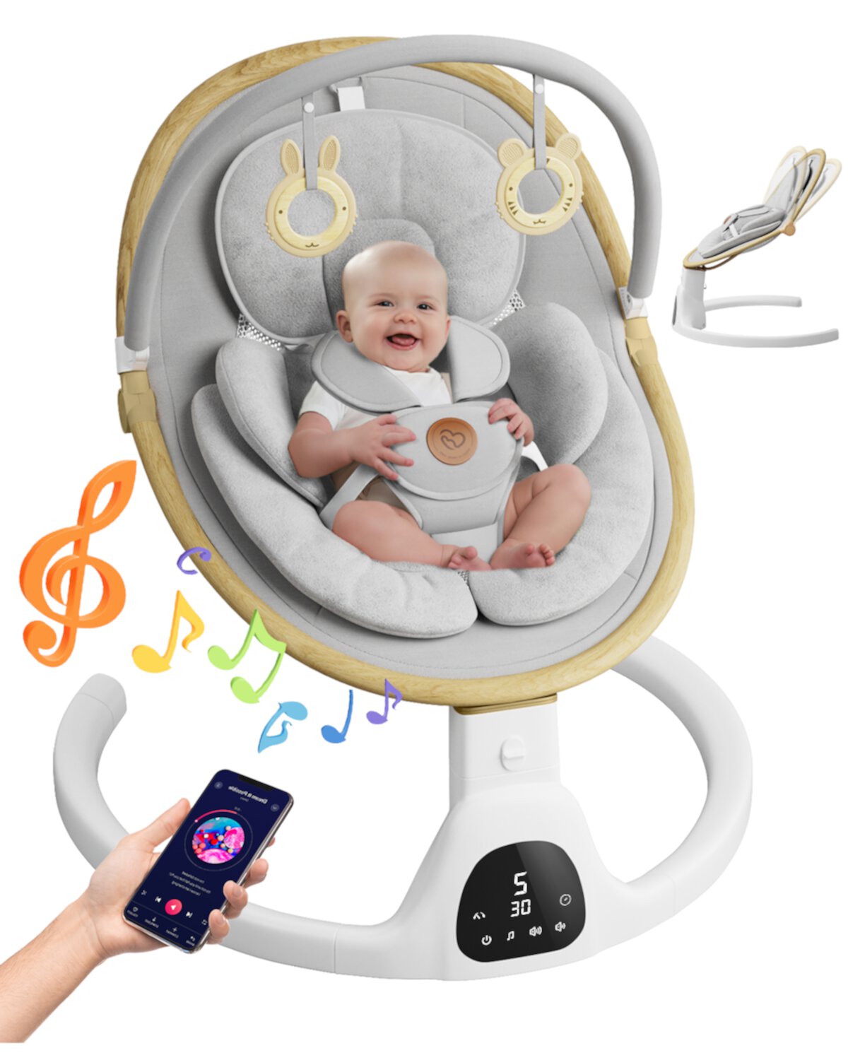 Baby Swing for Infants to Toddler Portable Babies Swing Timing Function 5 Swing Speeds Bluetooth Touch Screen Music Speaker with 10 Preset Lullabies 5-Point Carabiner White Babyomi