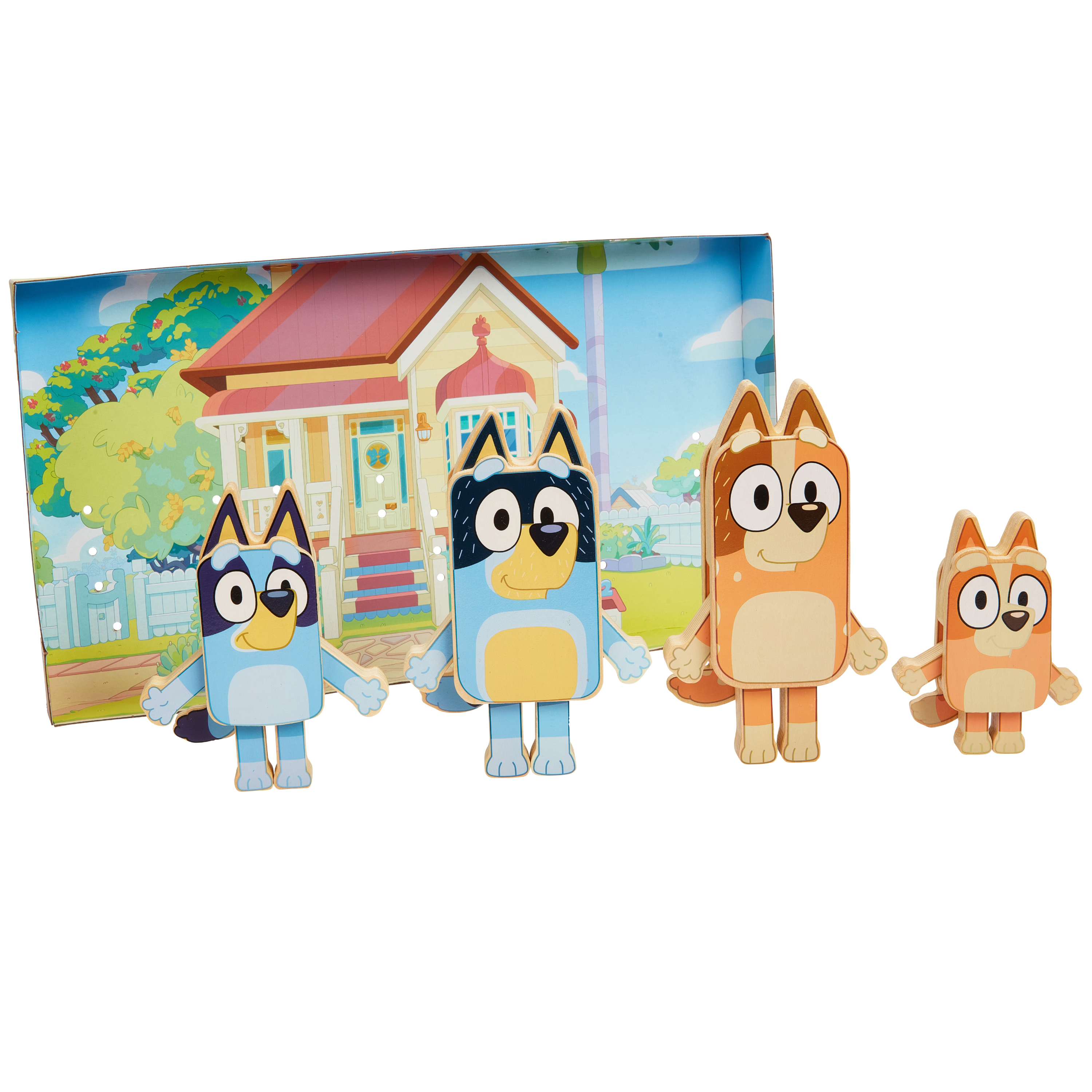 Bluey Wooden Character Figures 4 High-Quality Colorful Wooden Figures, Ages 3+ Bluey