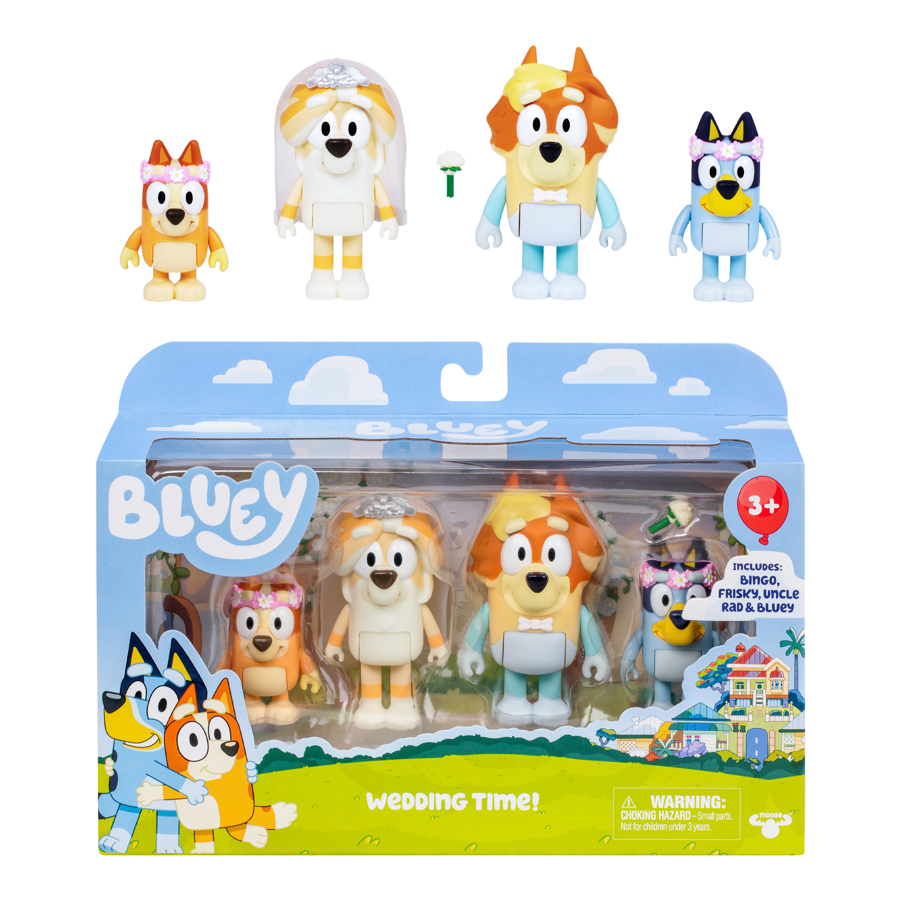 Bluey 4-Pack Wedding Time Figures, Includes Uncle Rad, Frisky, Bluey and Bingo, Ages 3+ Bluey