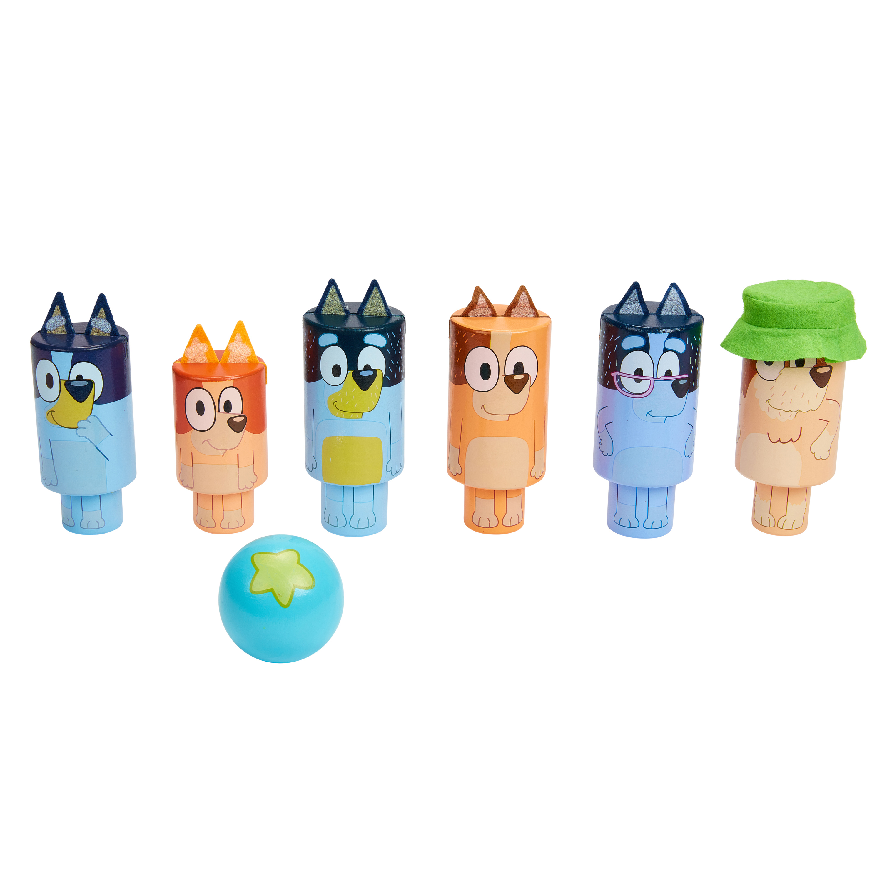 Bluey Wooden Character Skittles Set, Indoor & Outdoor Play, 6 Pins and 1 Bowling Ball, Ages 3+ Bluey