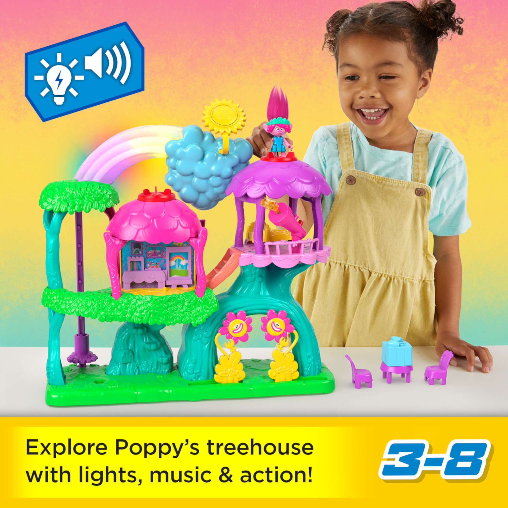 Imaginext Dreamworks Trolls Lights & Sounds Rainbow Treehouse Playset With Poppy, 7 Pieces Imaginext