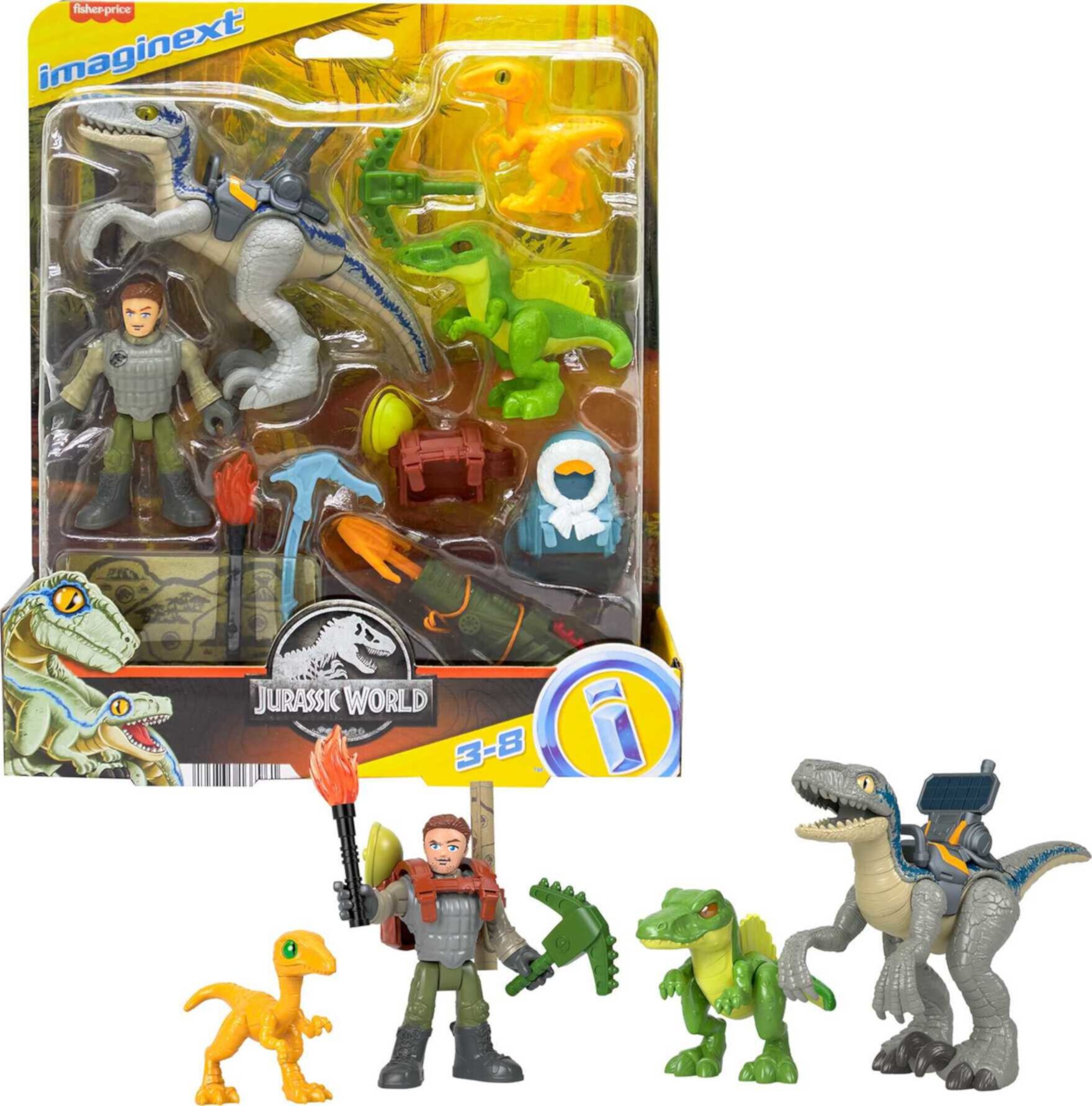 Imaginext Jurassic World Owen Grady & Blue, Track & Trail Dino Pack, 12-Piece Dinosaur Toys Imaginext